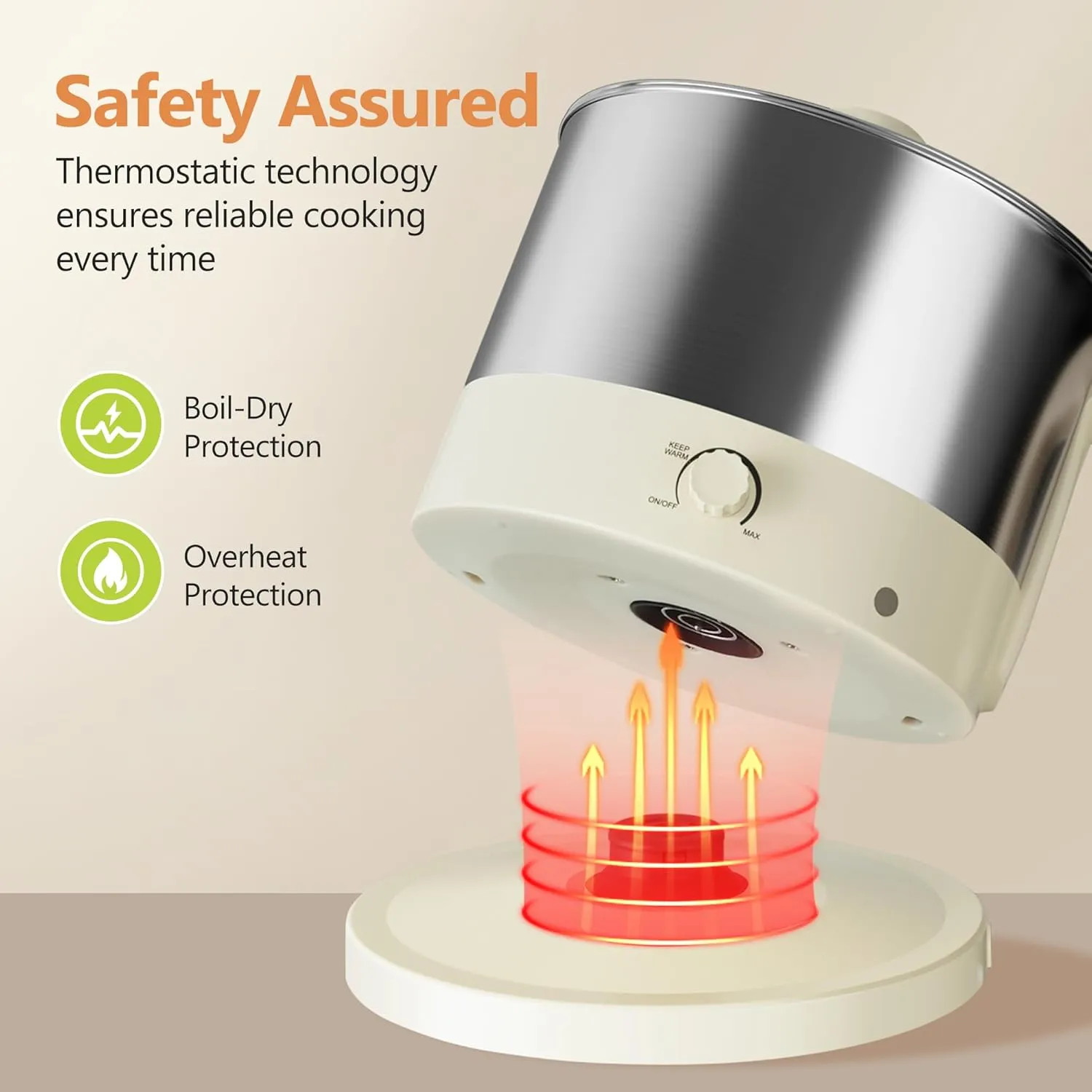 Hot Pot Electric - CACHOO Small 1.25Qt Beige Stainless Steel Ramen Cooker with Temperature Control & Keep Warm, Multi-Use Simmer Pot for Boiling, Stewing, Blanching - Ideal for Dorms, Camping, RVs