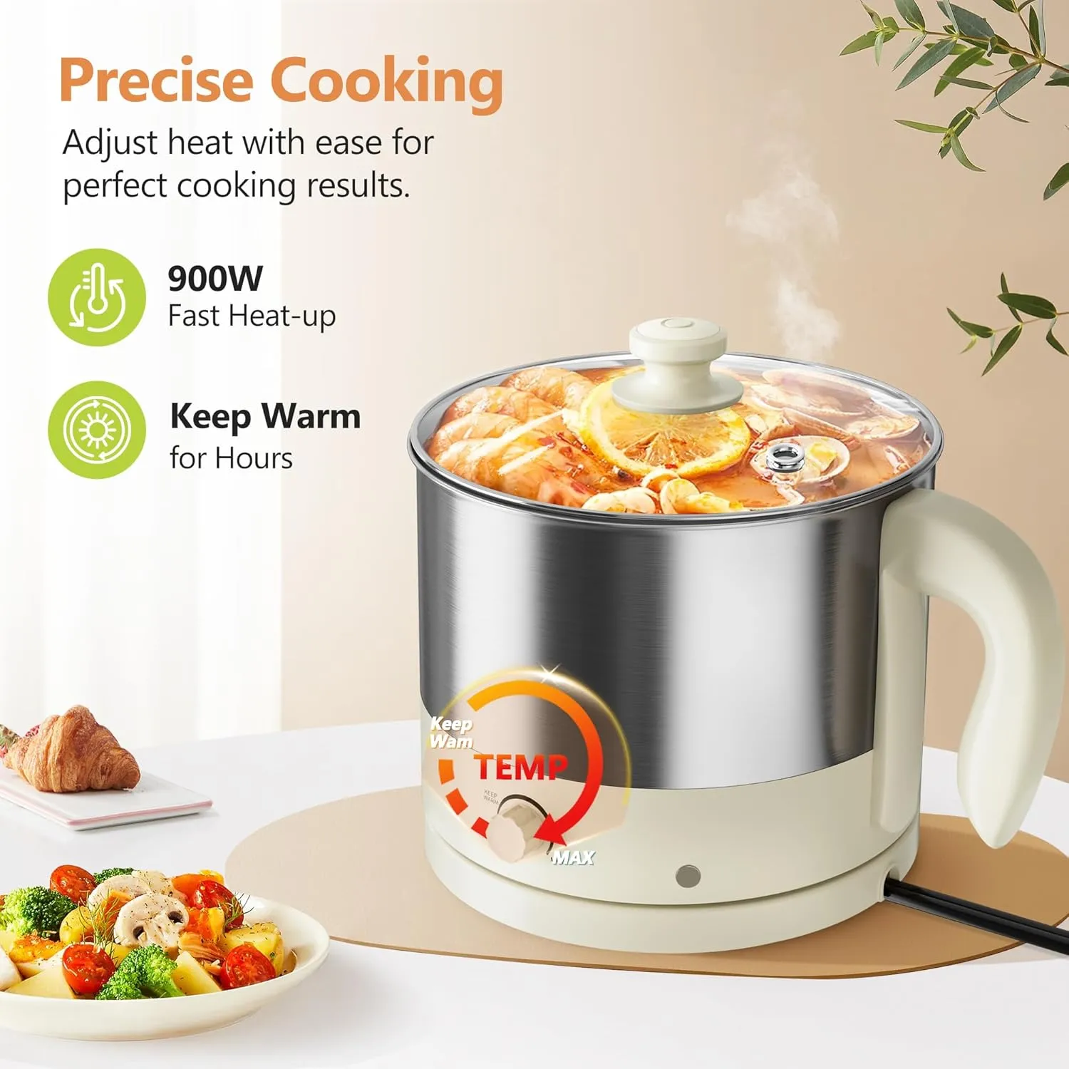 Hot Pot Electric - CACHOO Small 1.25Qt Beige Stainless Steel Ramen Cooker with Temperature Control & Keep Warm, Multi-Use Simmer Pot for Boiling, Stewing, Blanching - Ideal for Dorms, Camping, RVs