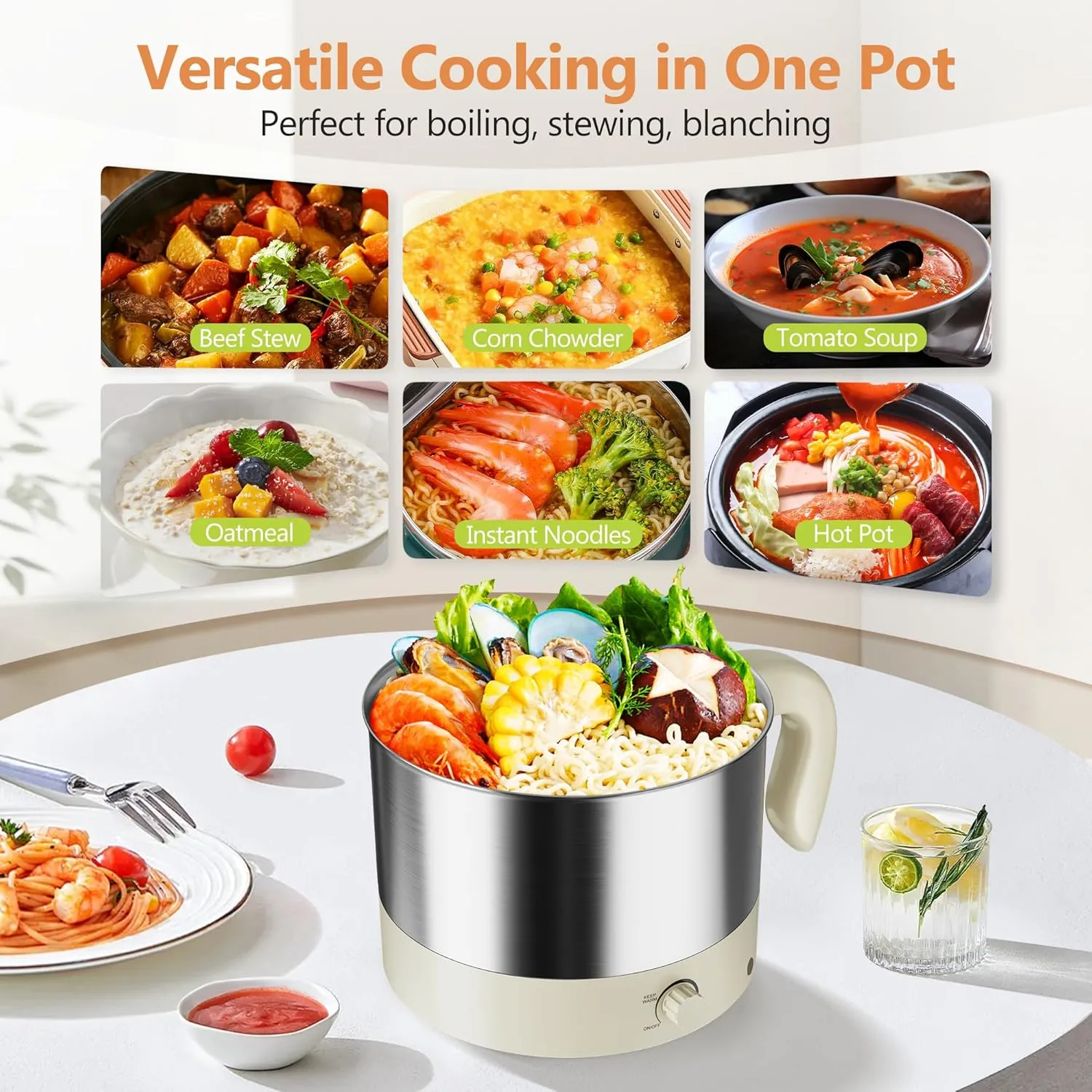 Hot Pot Electric - CACHOO Small 1.25Qt Beige Stainless Steel Ramen Cooker with Temperature Control & Keep Warm, Multi-Use Simmer Pot for Boiling, Stewing, Blanching - Ideal for Dorms, Camping, RVs