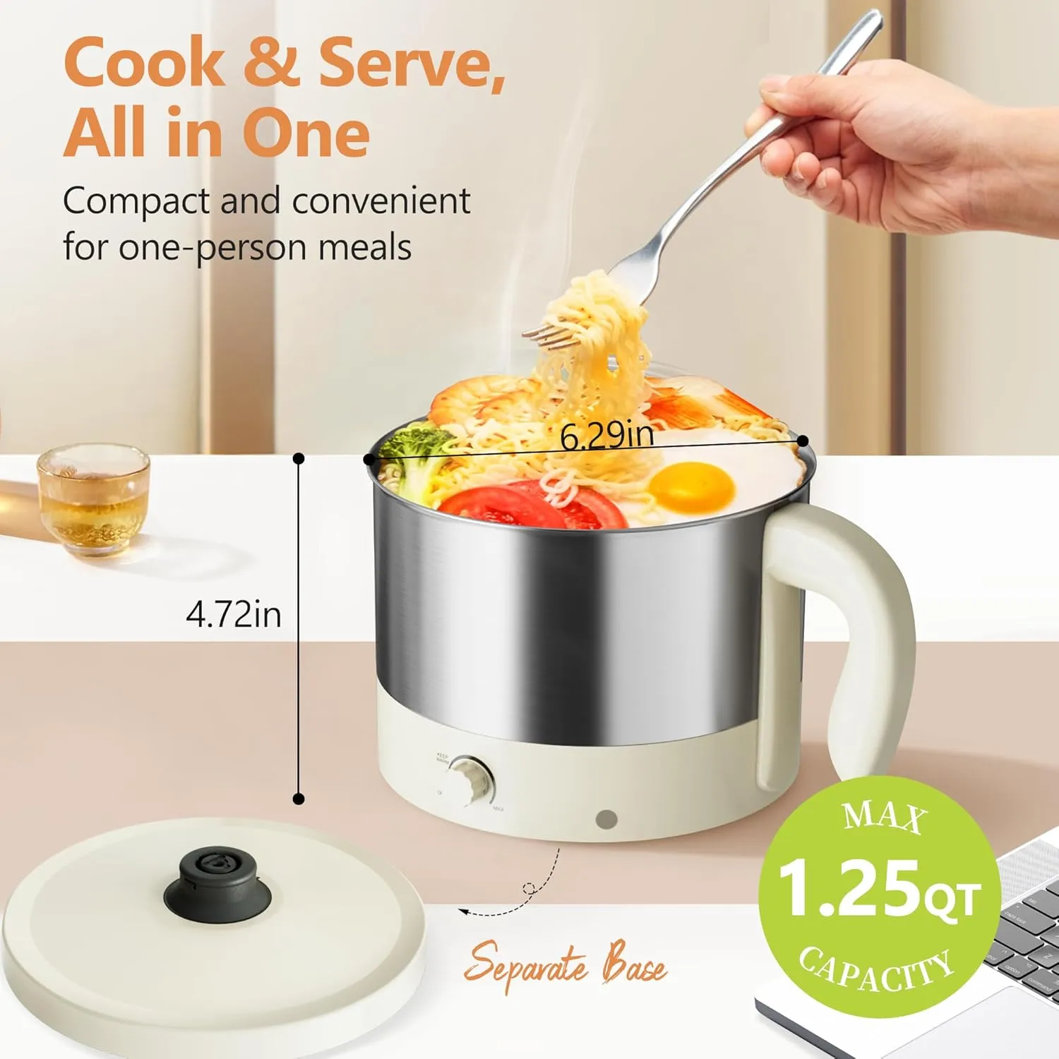 Hot Pot Electric - CACHOO Small 1.25Qt Beige Stainless Steel Ramen Cooker with Temperature Control & Keep Warm, Multi-Use Simmer Pot for Boiling, Stewing, Blanching - Ideal for Dorms, Camping, RVs