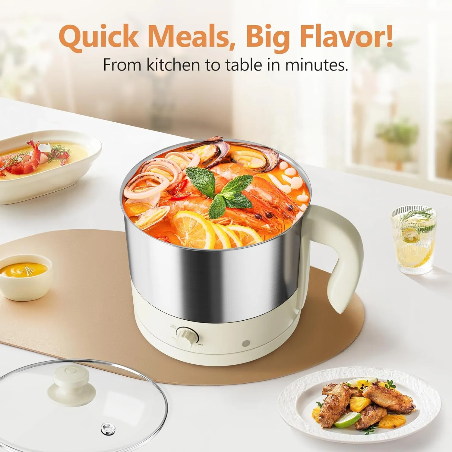 Hot Pot Electric - CACHOO Small 1.25Qt Beige Stainless Steel Ramen Cooker with Temperature Control & Keep Warm, Multi-Use Simmer Pot for Boiling, Stewing, Blanching - Ideal for Dorms, Camping, RVs