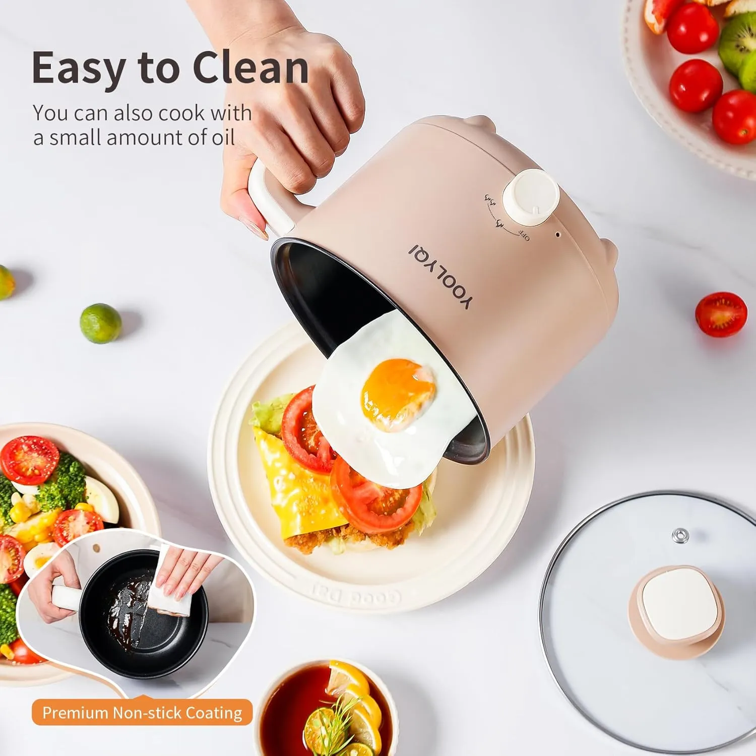 Hot Pot Electric Ramen Cooker: YOOLYQI 1.5 L Portable Lazy Pot, Dual Power Regulation , Suitable for Ramen,Noodles, Soup, Oatmeal Non-Stick Pot, Dorm, Office Must Have Multi Shabu Shabu Pot (Khaki, 1.5 L)