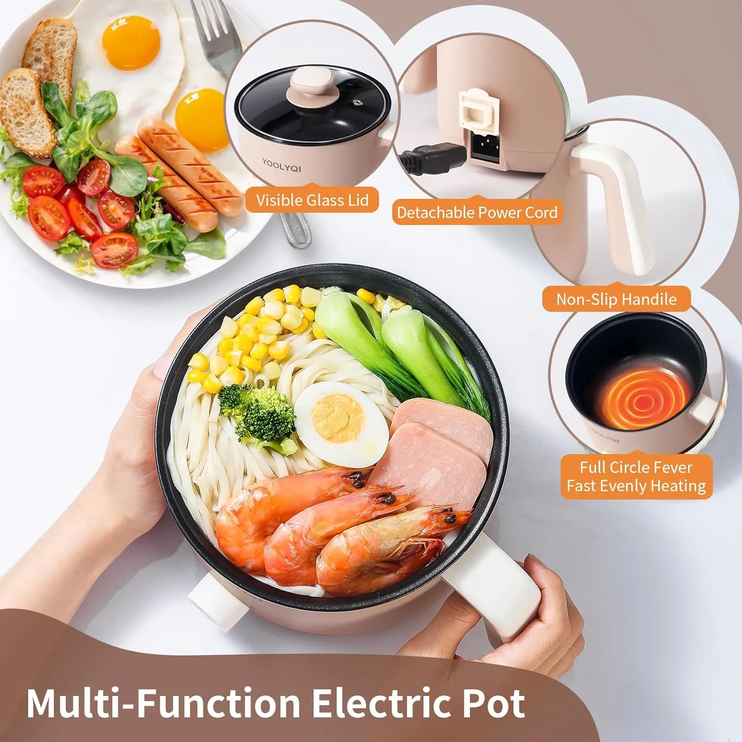 Hot Pot Electric Ramen Cooker: YOOLYQI 1.5 L Portable Lazy Pot, Dual Power Regulation , Suitable for Ramen,Noodles, Soup, Oatmeal Non-Stick Pot, Dorm, Office Must Have Multi Shabu Shabu Pot (Khaki, 1.5 L)