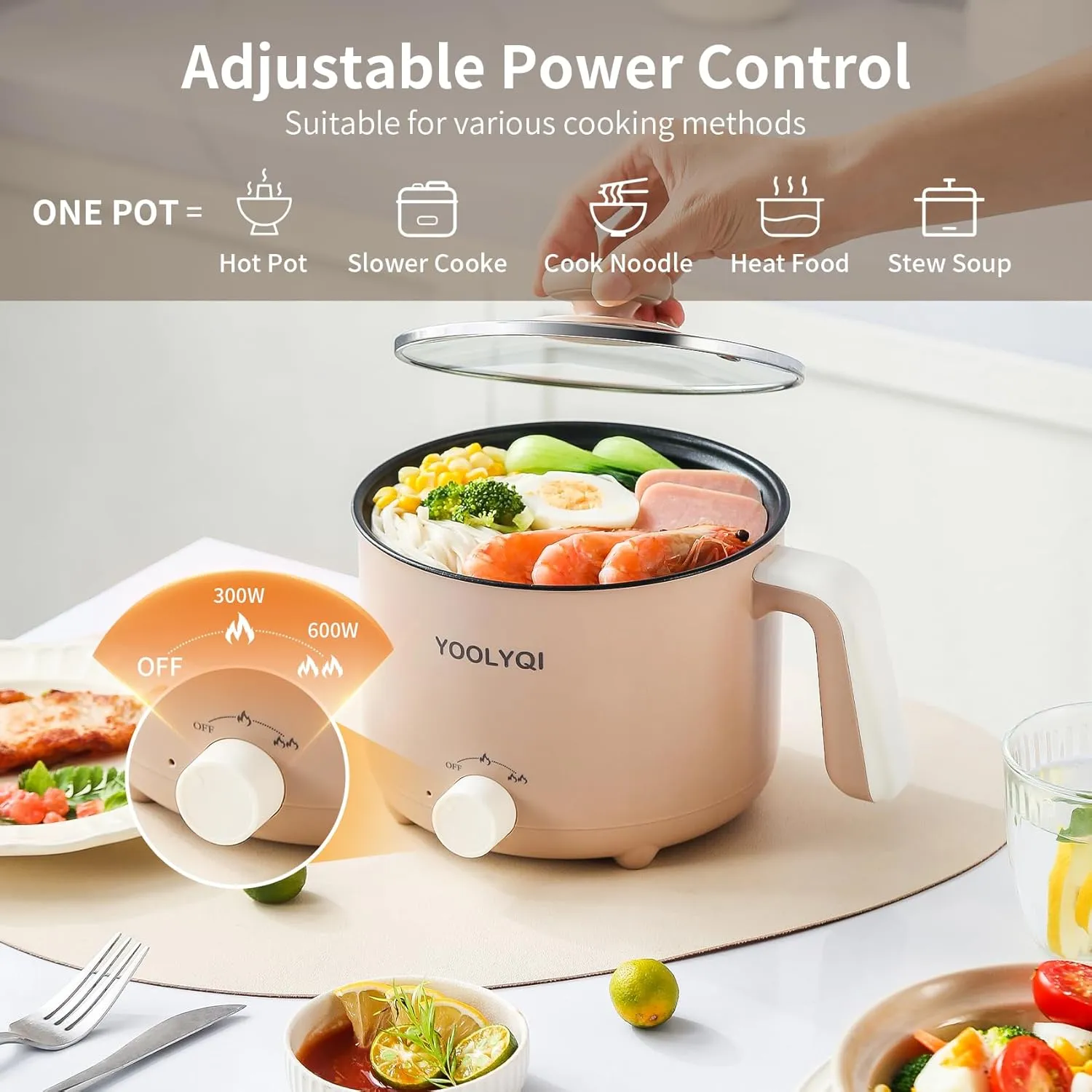 Hot Pot Electric Ramen Cooker: YOOLYQI 1.5 L Portable Lazy Pot, Dual Power Regulation , Suitable for Ramen,Noodles, Soup, Oatmeal Non-Stick Pot, Dorm, Office Must Have Multi Shabu Shabu Pot (Khaki, 1.5 L)
