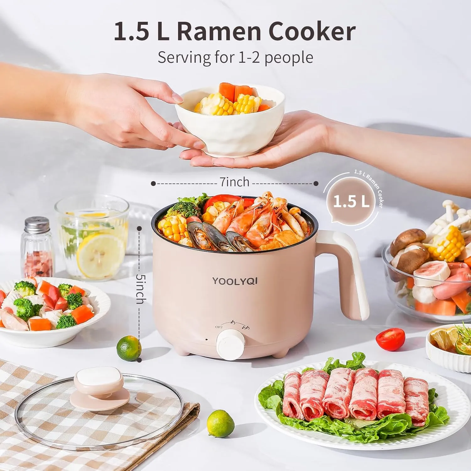 Hot Pot Electric Ramen Cooker: YOOLYQI 1.5 L Portable Lazy Pot, Dual Power Regulation , Suitable for Ramen,Noodles, Soup, Oatmeal Non-Stick Pot, Dorm, Office Must Have Multi Shabu Shabu Pot (Khaki, 1.5 L)