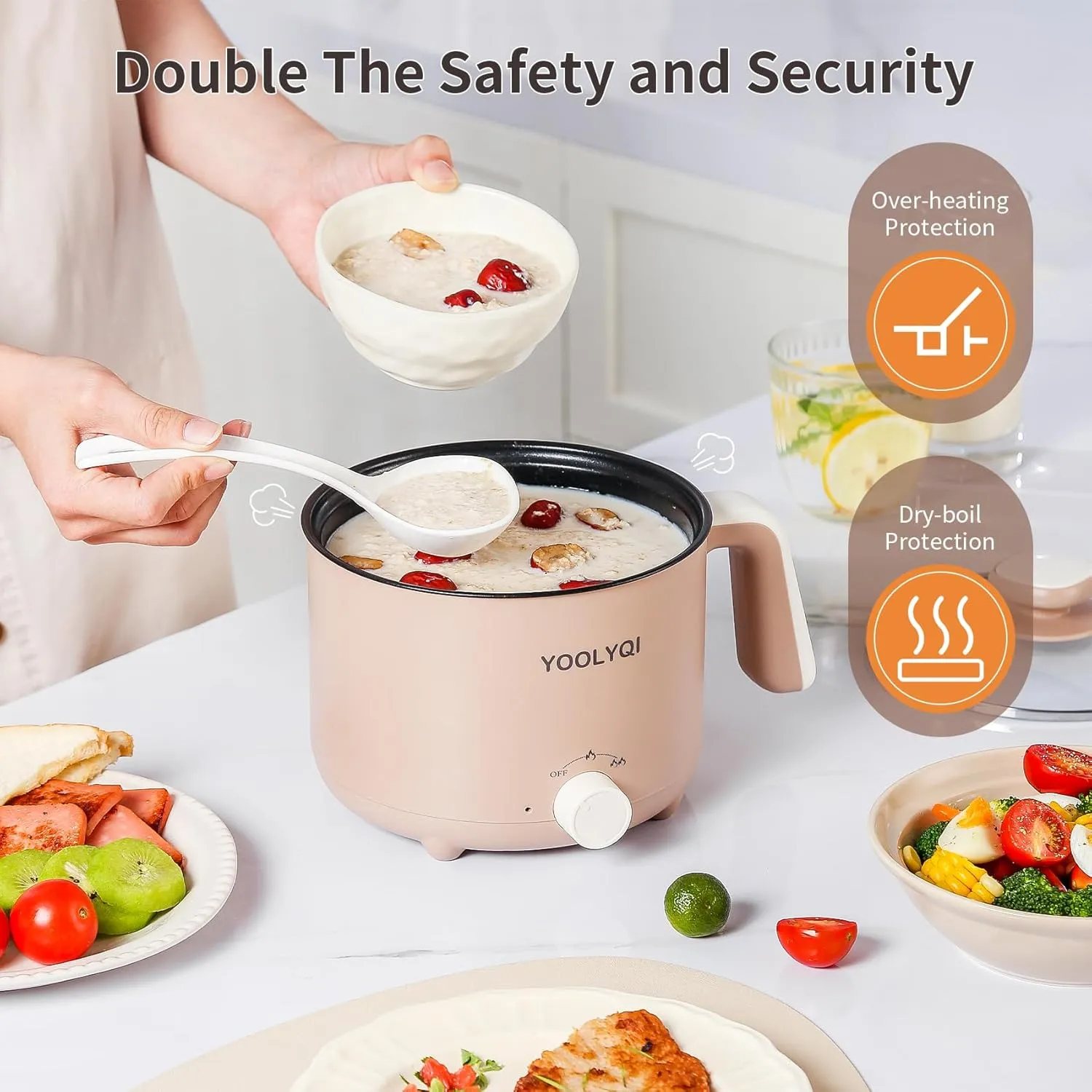 Hot Pot Electric Ramen Cooker: YOOLYQI 1.5 L Portable Lazy Pot, Dual Power Regulation , Suitable for Ramen,Noodles, Soup, Oatmeal Non-Stick Pot, Dorm, Office Must Have Multi Shabu Shabu Pot (Khaki, 1.5 L)