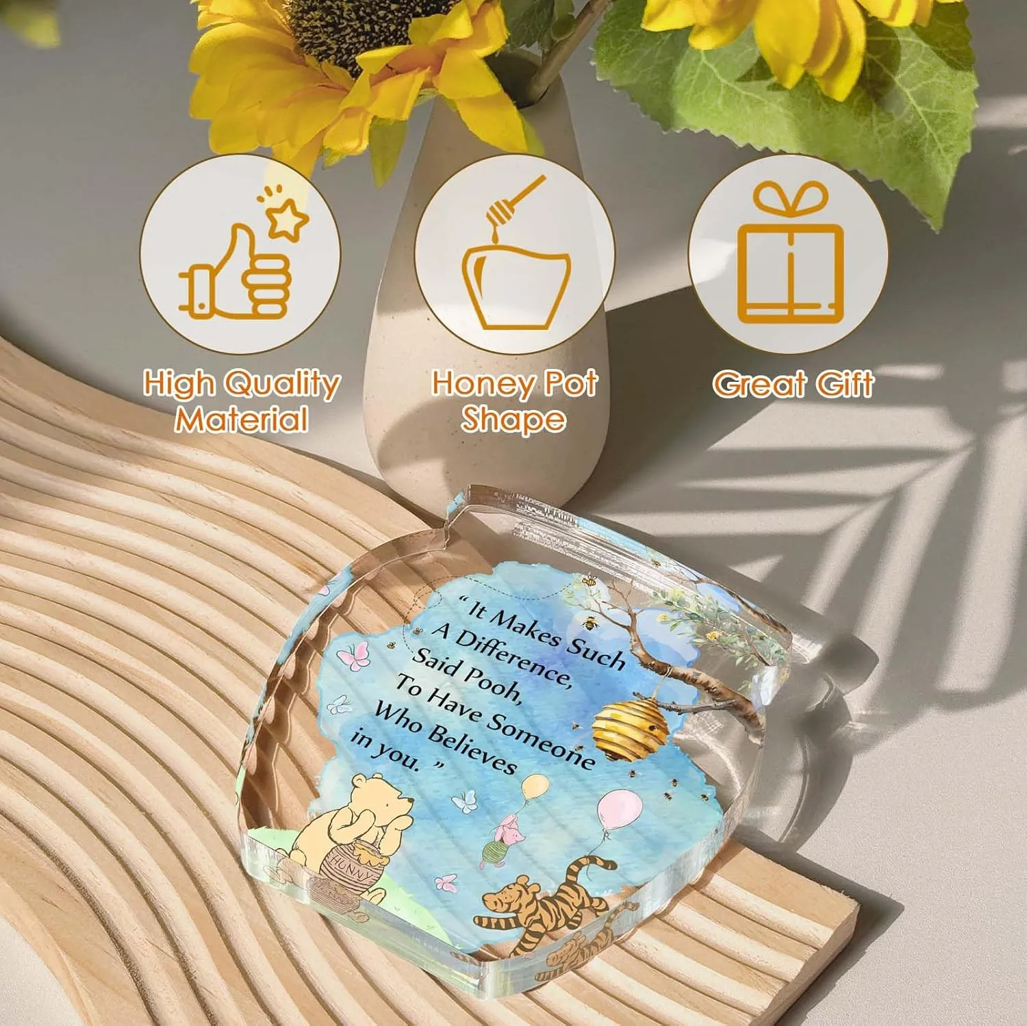 Hunny Pot Shape Acrylic Desk Decor Winnie Friendship Gifts for Women Inspirational Gifts, Pooh Quotes Desk Sign Decor, Birthday Gifts Graduation Gifts for Women Best Friend Mom Sister - 01