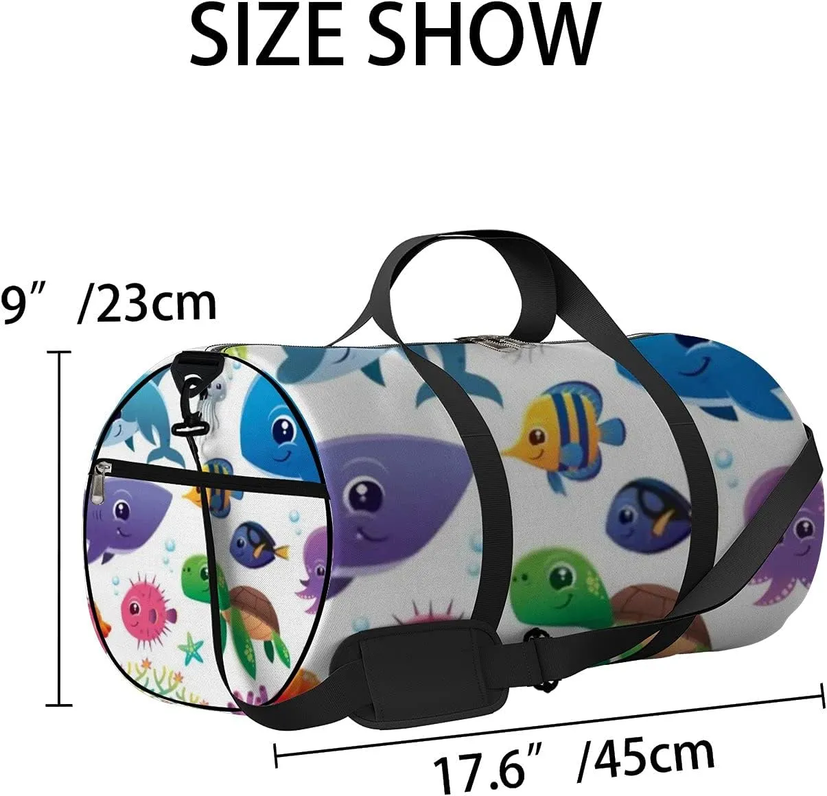 Illustration of Sea Cute Kawaii Animals Sports Bag Tote Bag Waterproof Gym Bag with Shoulder Strap Zipper 2 Side Pockets for Men and Women, Travel and Storage Shoulder Bag.
