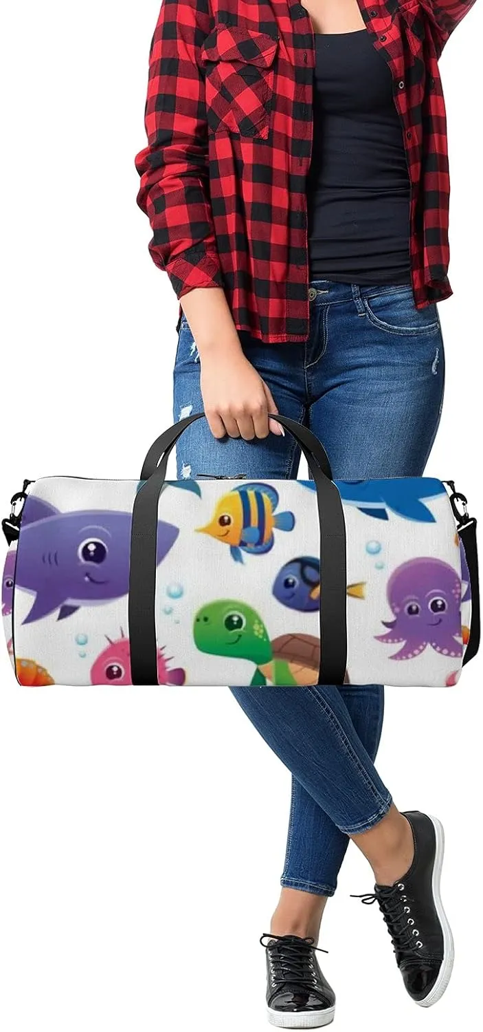 Illustration of Sea Cute Kawaii Animals Sports Bag Tote Bag Waterproof Gym Bag with Shoulder Strap Zipper 2 Side Pockets for Men and Women, Travel and Storage Shoulder Bag.