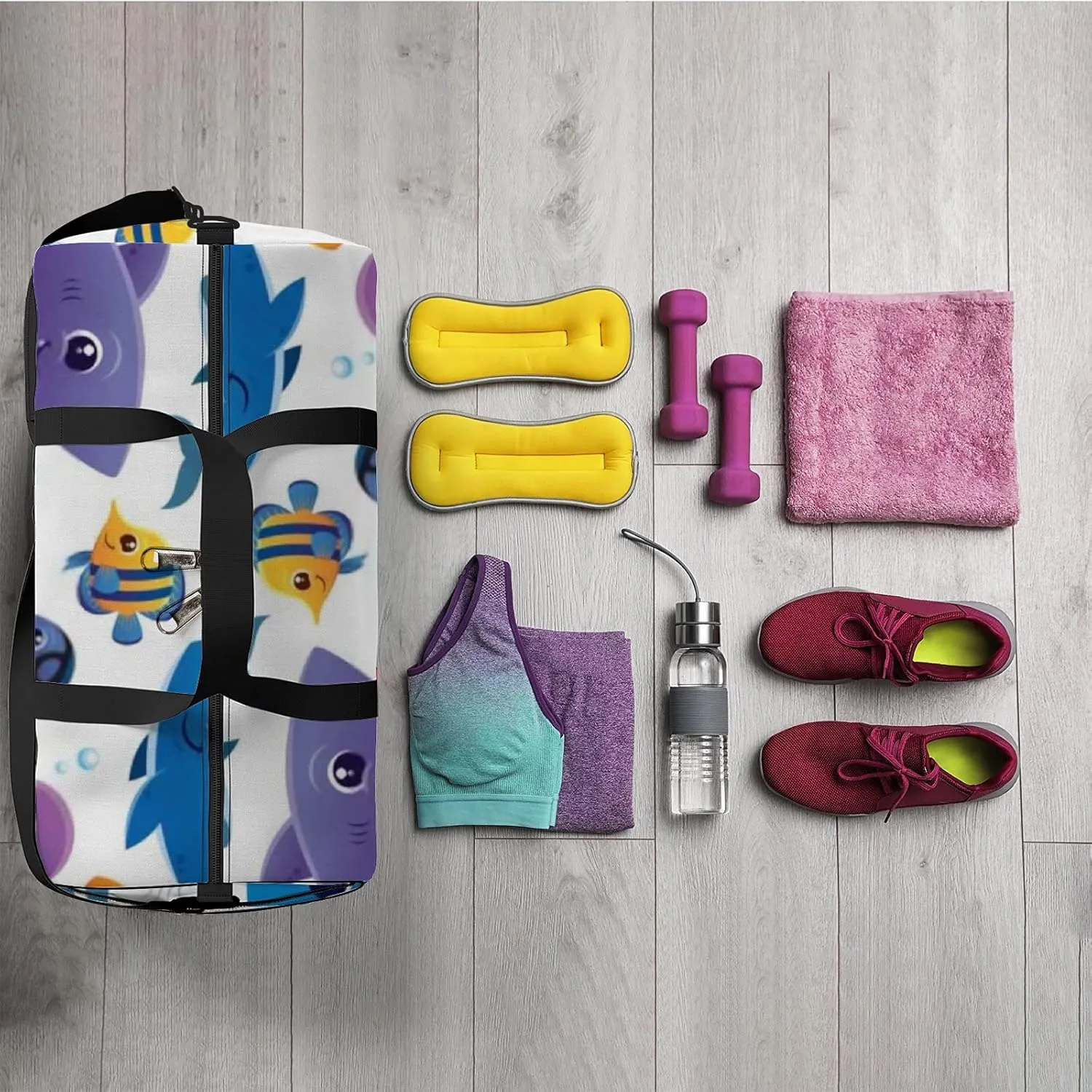 Illustration of Sea Cute Kawaii Animals Sports Bag Tote Bag Waterproof Gym Bag with Shoulder Strap Zipper 2 Side Pockets for Men and Women, Travel and Storage Shoulder Bag.