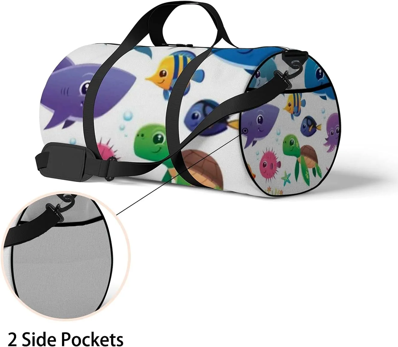 Illustration of Sea Cute Kawaii Animals Sports Bag Tote Bag Waterproof Gym Bag with Shoulder Strap Zipper 2 Side Pockets for Men and Women, Travel and Storage Shoulder Bag.