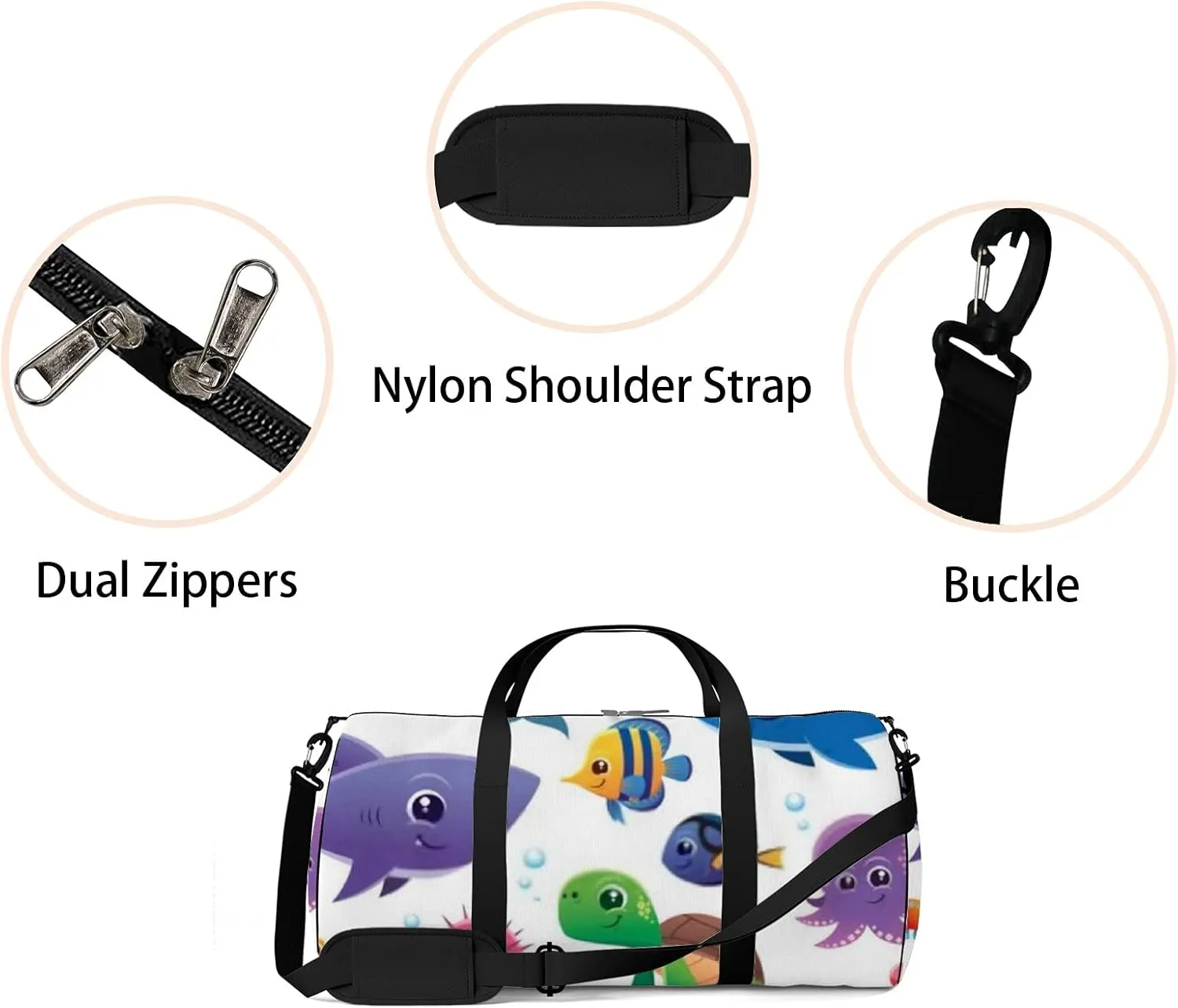 Illustration of Sea Cute Kawaii Animals Sports Bag Tote Bag Waterproof Gym Bag with Shoulder Strap Zipper 2 Side Pockets for Men and Women, Travel and Storage Shoulder Bag.