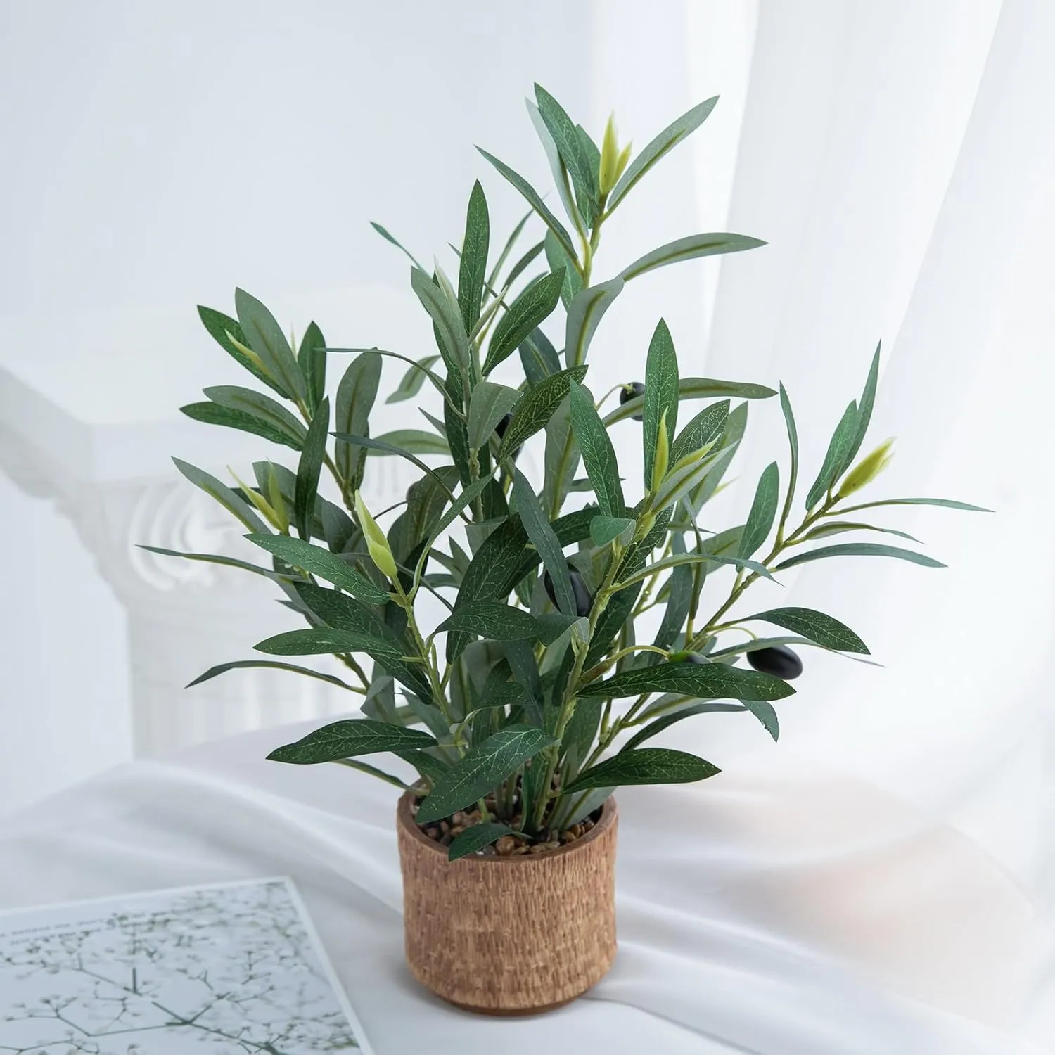 Indoor Fake Olive Plant - 12 inch Faux Silk Olive Plant with Realistic Trunk and Lifelike Fruits in Black Rustic Planter - Perfect for Home and Office Decor