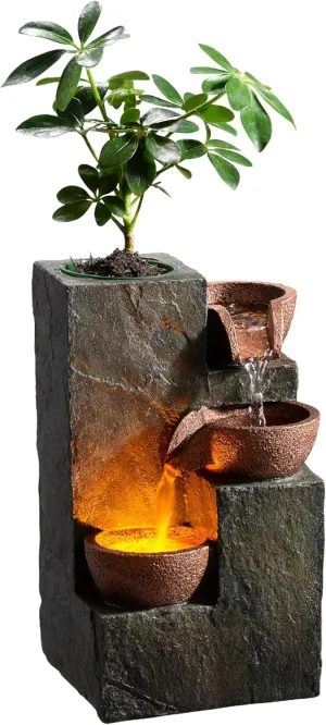 Indoor Fountain Waterfall Tabletop Elegant 3-Tier Rock Garden Home Relaxation Serene Table Decor with Waterfall Sounds and DIY Planting Pot for Plant/Herb/Flower (23061)