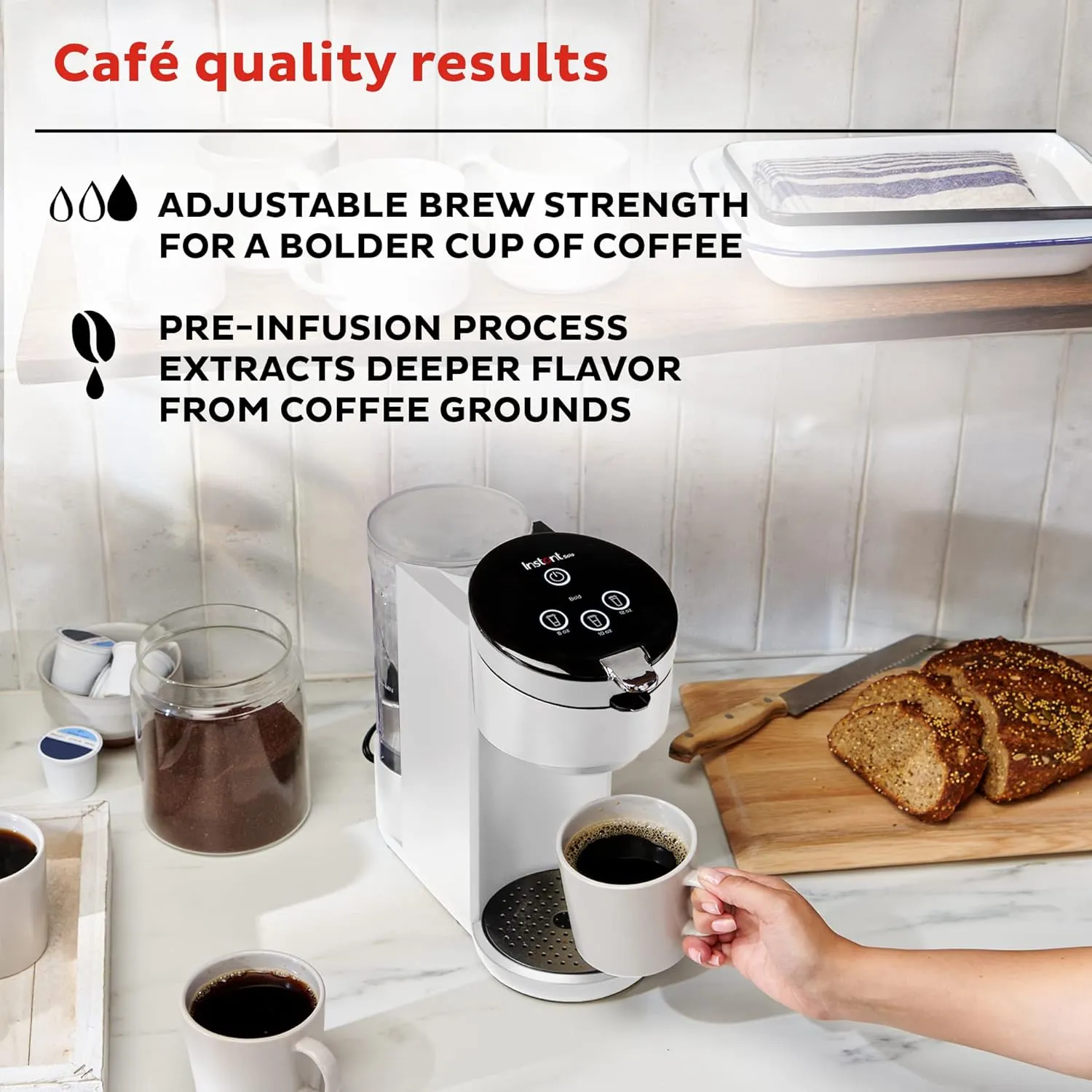 Instant Pot K-Cup Pod Compatible Single Serve Coffee Maker with Reusable Pod and Bold Setting, 8-12oz, 40oz Reservoir, White