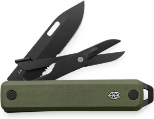 JAMES° The Ellis Folding Multitool Knife Compact and Lightweight EDC Featuring Scissors, Black 2.6" Stainless Steel Blade, Slip-Joint Design, and All-Things Scraper Screw Driver, OD Green Grip