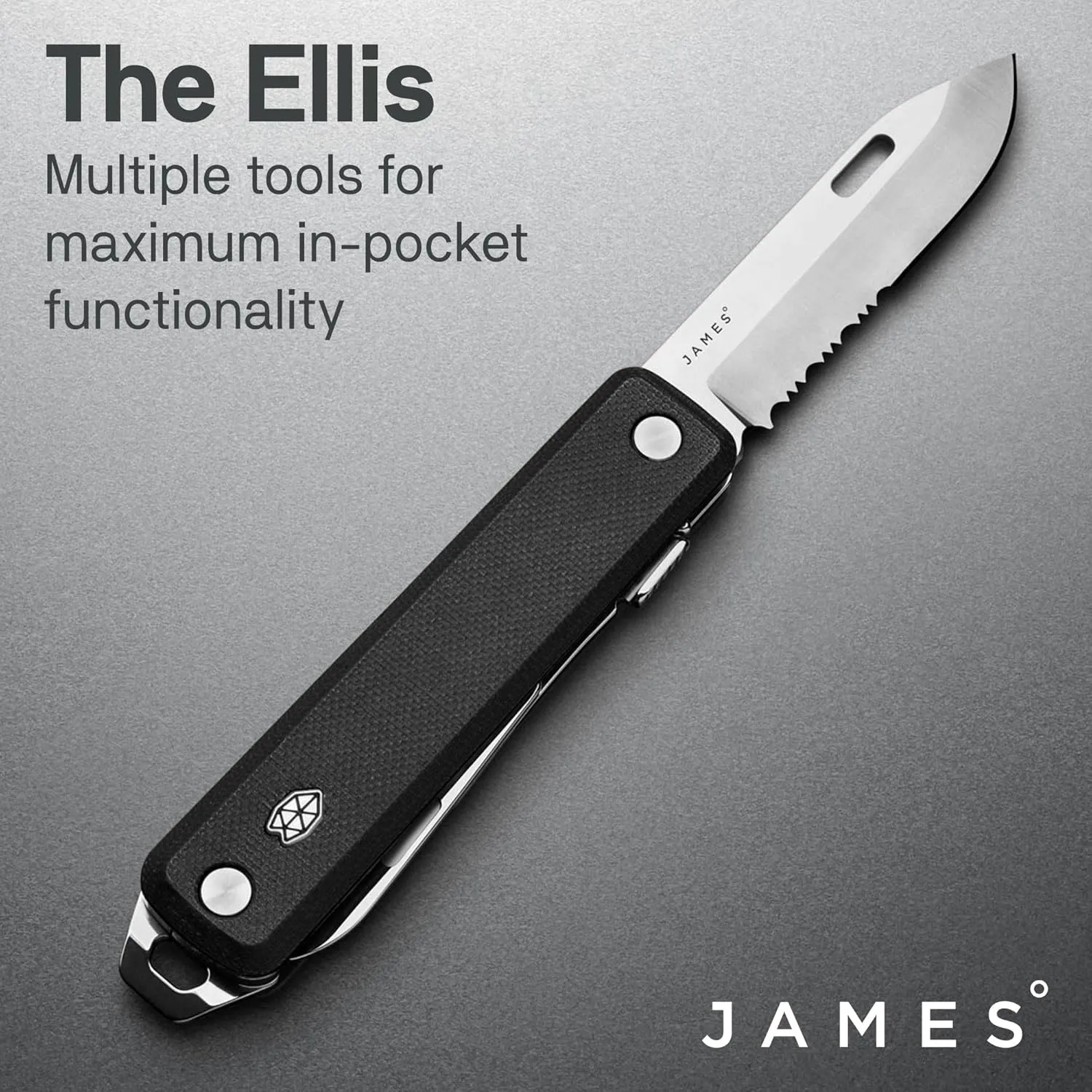 JAMES° The Ellis Folding Multitool Knife Compact and Lightweight EDC Featuring Scissors, Black 2.6" Stainless Steel Blade, Slip-Joint Design, and All-Things Scraper Screw Driver, OD Green Grip