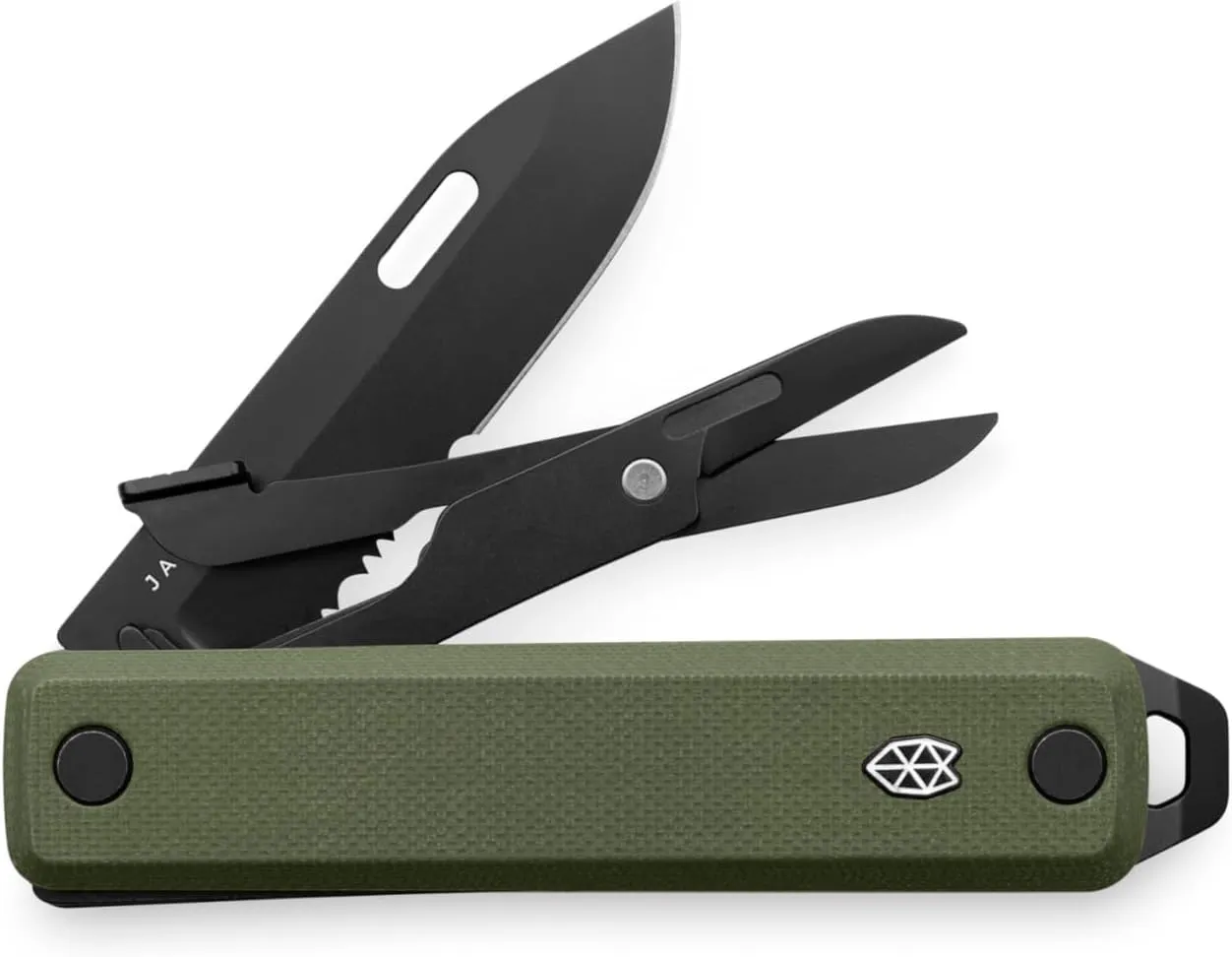 JAMES° The Ellis Folding Multitool Knife Compact and Lightweight EDC Featuring Scissors, Black 2.6" Stainless Steel Blade, Slip-Joint Design, and All-Things Scraper Screw Driver, OD Green Grip