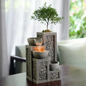 Kalona Décor Relaxation Indoor Waterfall Exquisite 3-Bowl Fountains Soothing Sound Tabletop Fountains Home/Office Decor with a Small Plastic Pot to Grow The Plant by Yourself(Automatic Watering)
