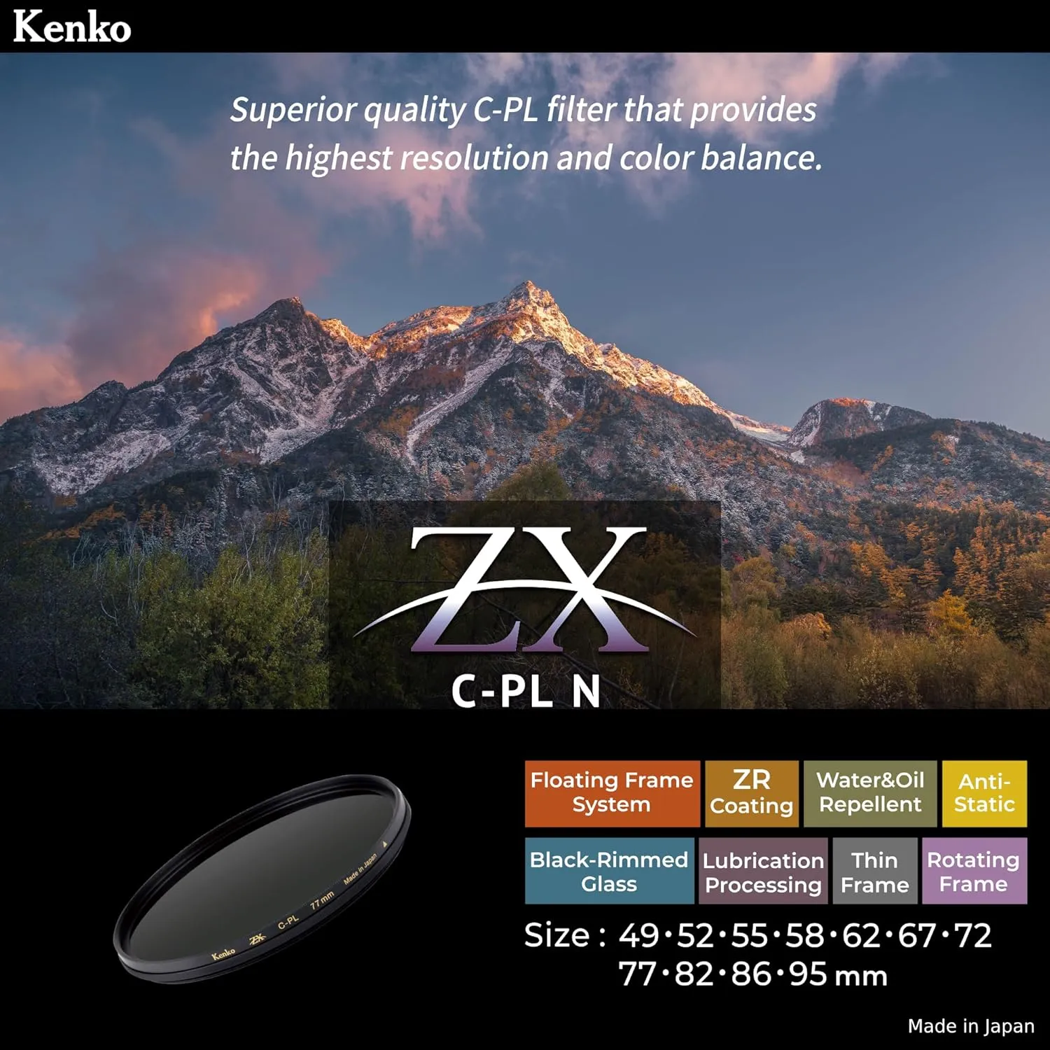 Kenko Polarizing Filter ZX C-PL N φ67mm, Ultra-Low Surface Reflection of 0.16-0.2%, Anti-Static Coating, Floating Frame, Made in Japan, 947623