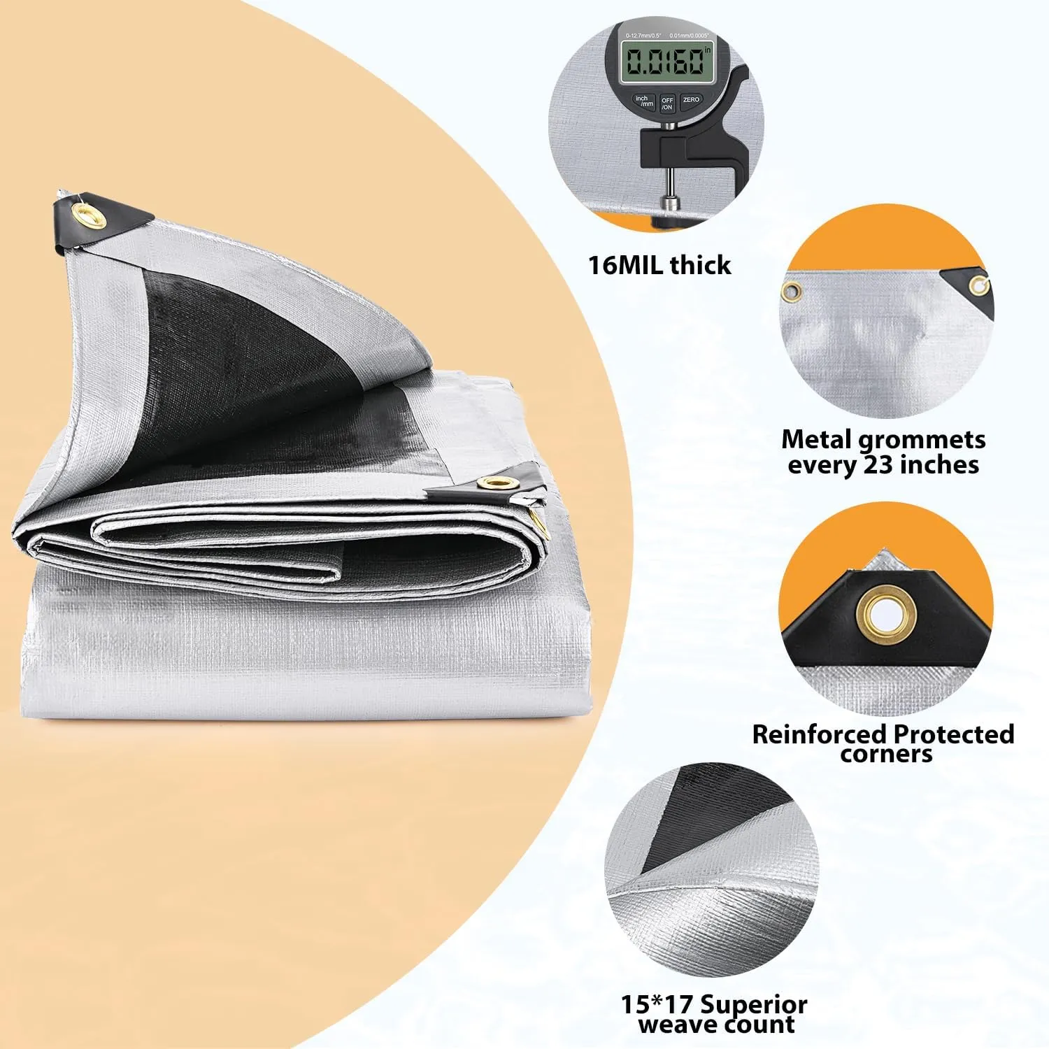 Keten Tarps Heavy Duty Waterproof 12X20 Feet, Extra Thick 16 Mil, Tear & Fade Resistant, 100% UV Blocking, Outdoor Tarp with Reinforced Grommets for Roof, Camping, Patio, Pool, Boat(Silver/Black)