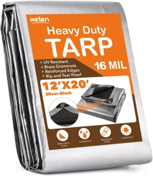 Keten Tarps Heavy Duty Waterproof 12X20 Feet, Extra Thick 16 Mil, Tear & Fade Resistant, 100% UV Blocking, Outdoor Tarp with Reinforced Grommets for Roof, Camping, Patio, Pool, Boat(Silver/Black)