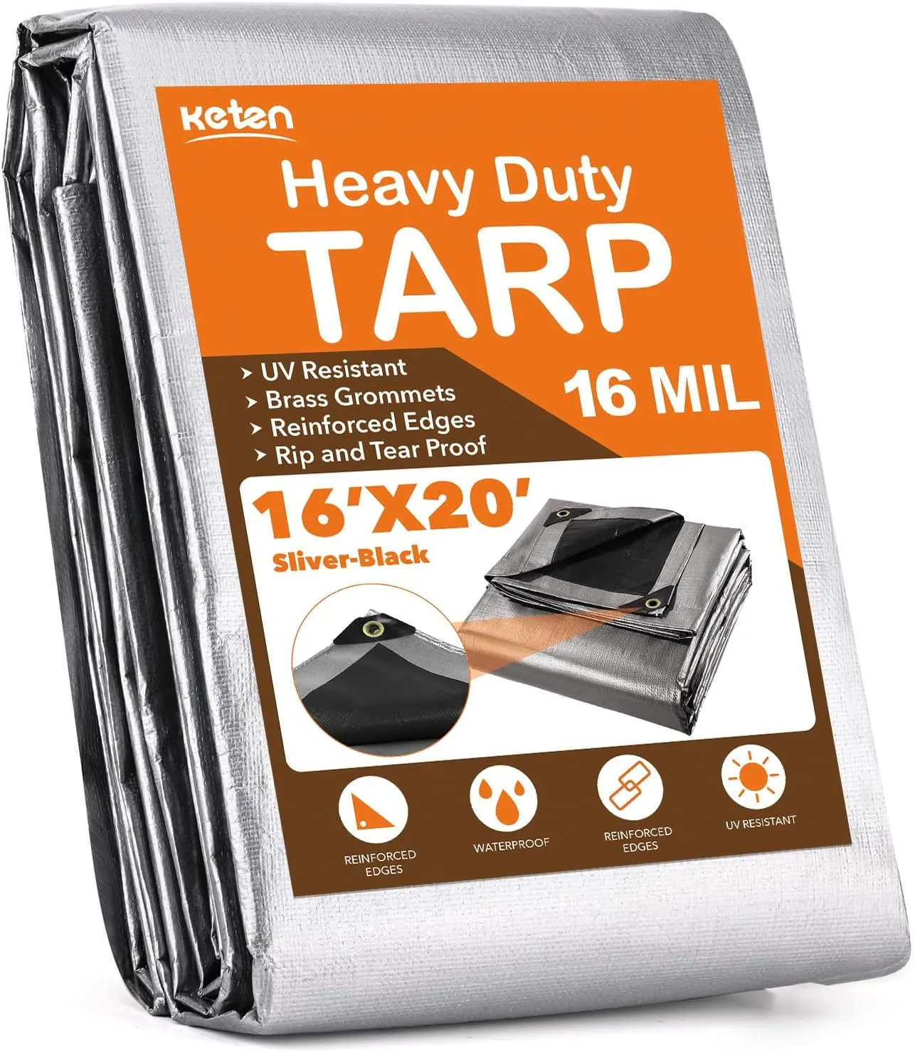 Keten Tarps Heavy Duty Waterproof 16X20 Feet, Extra Thick 16 Mil, Tear & Fade Resistant, 100% UV Blocking, Outdoor Tarp with Reinforced Grommets for Roof, Camping, Patio, Pool, Boat(Silver/Black)
