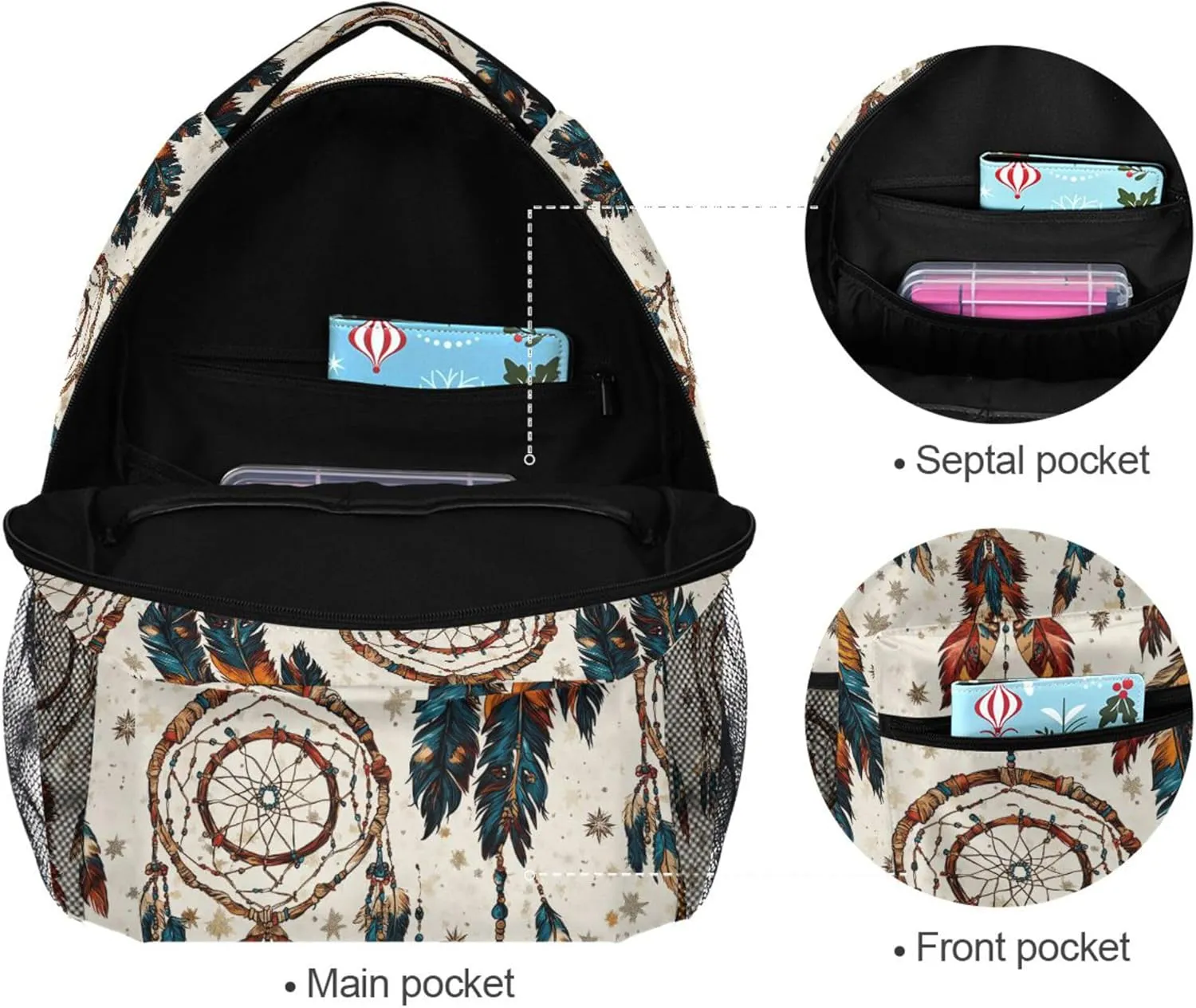 KLL Backpacks for Teenager Fashion Vintage Daypacks with Chest Strap for Travel Trip Western Cowboy Dream Catcher Tribal Star Primitive Charm Sparkling