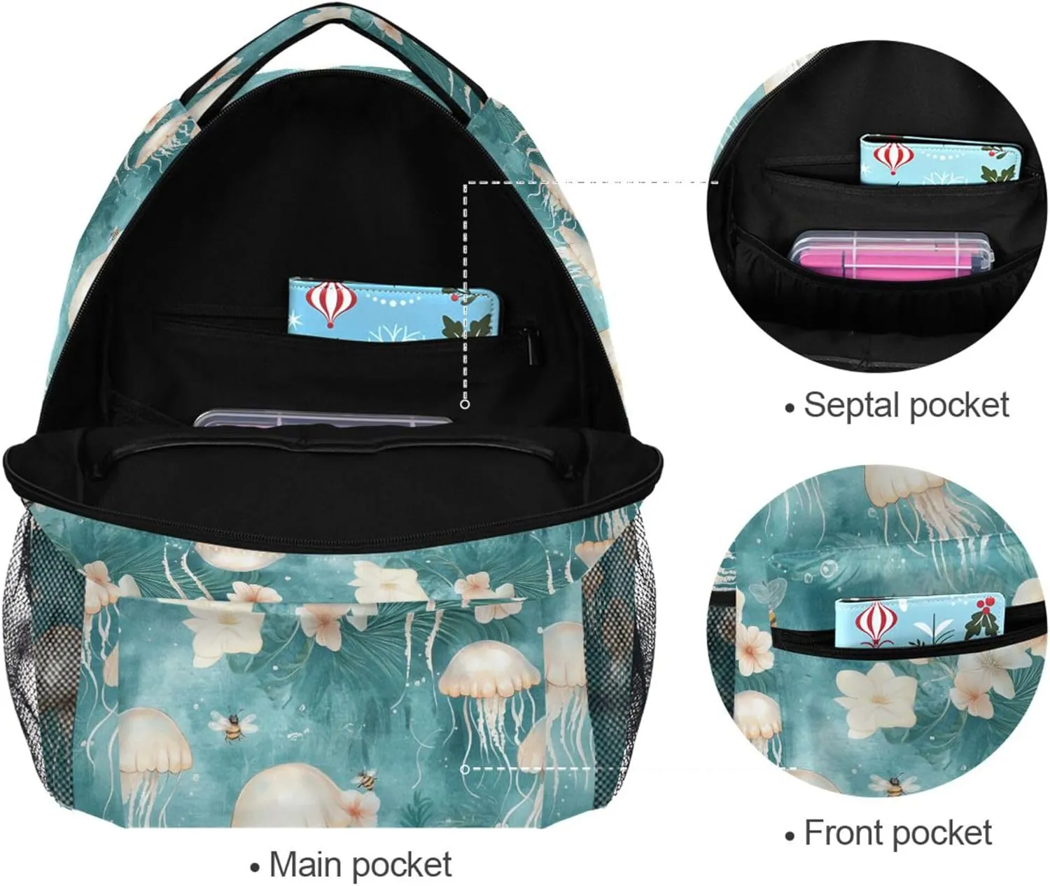 KLL Backpacks for Teenager Waterproof Carry On Backpacks with Chest Strap Gift Men & Women Cute Jellyfish Teal