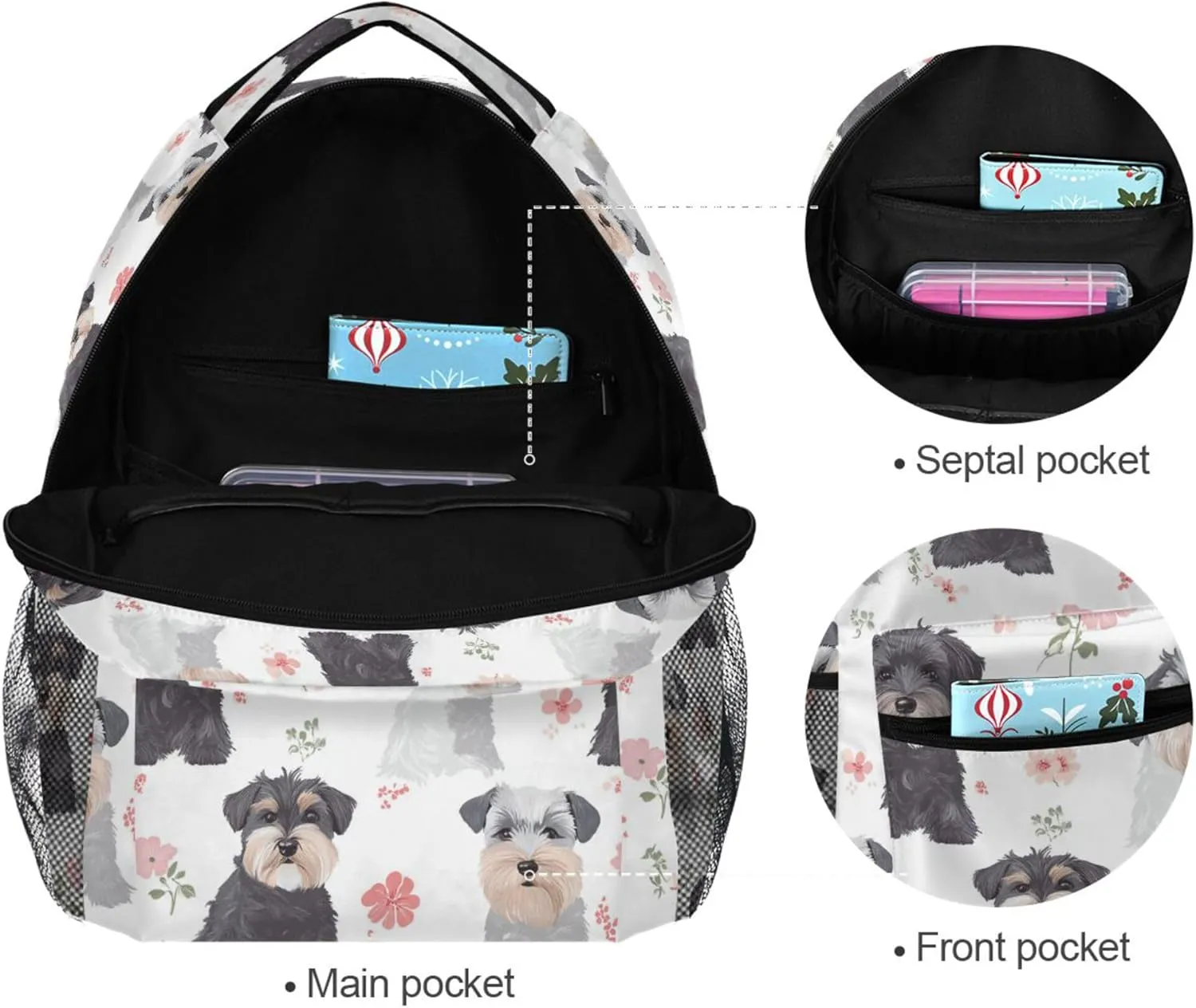 KLL Day Backpack for Teacher Nurse Fashion Diaper Bag Backpack with Chest Strap for Business Work College Travel Trip Aesthetic Miniature Schnauzer Dogs White