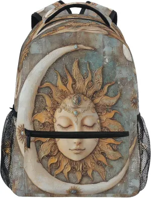 KLL Fun Backpack for Teacher Nurse Waterproof Backpack With Water Bottle Pocket with Chest Strap for College Work Boho Vintage Moon and Sun
