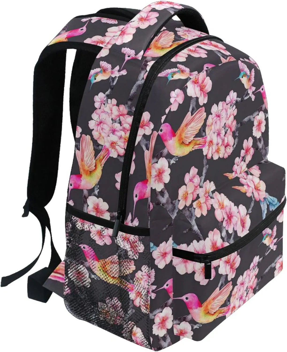 KLL Fun Backpack for Teenager Fashion Diaper Bag Backpack with Chest Strap for Business Work College Travel Trip Watercolor Cherry Blossoms Hummingbi