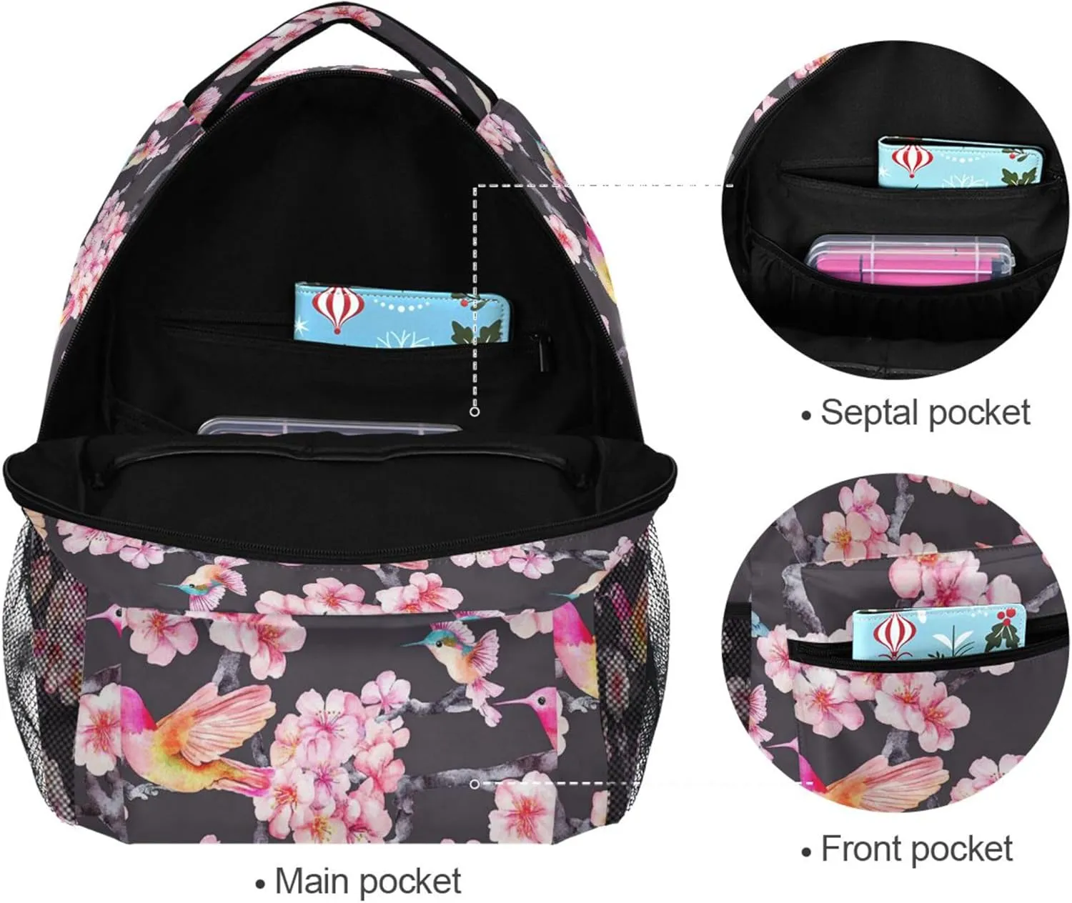 KLL Fun Backpack for Teenager Fashion Diaper Bag Backpack with Chest Strap for Business Work College Travel Trip Watercolor Cherry Blossoms Hummingbi