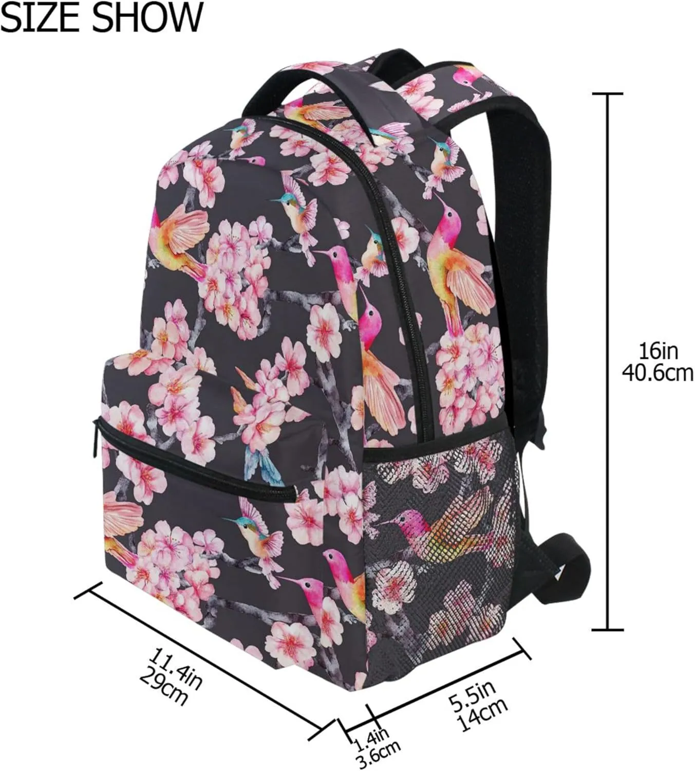 KLL Fun Backpack for Teenager Fashion Diaper Bag Backpack with Chest Strap for Business Work College Travel Trip Watercolor Cherry Blossoms Hummingbi