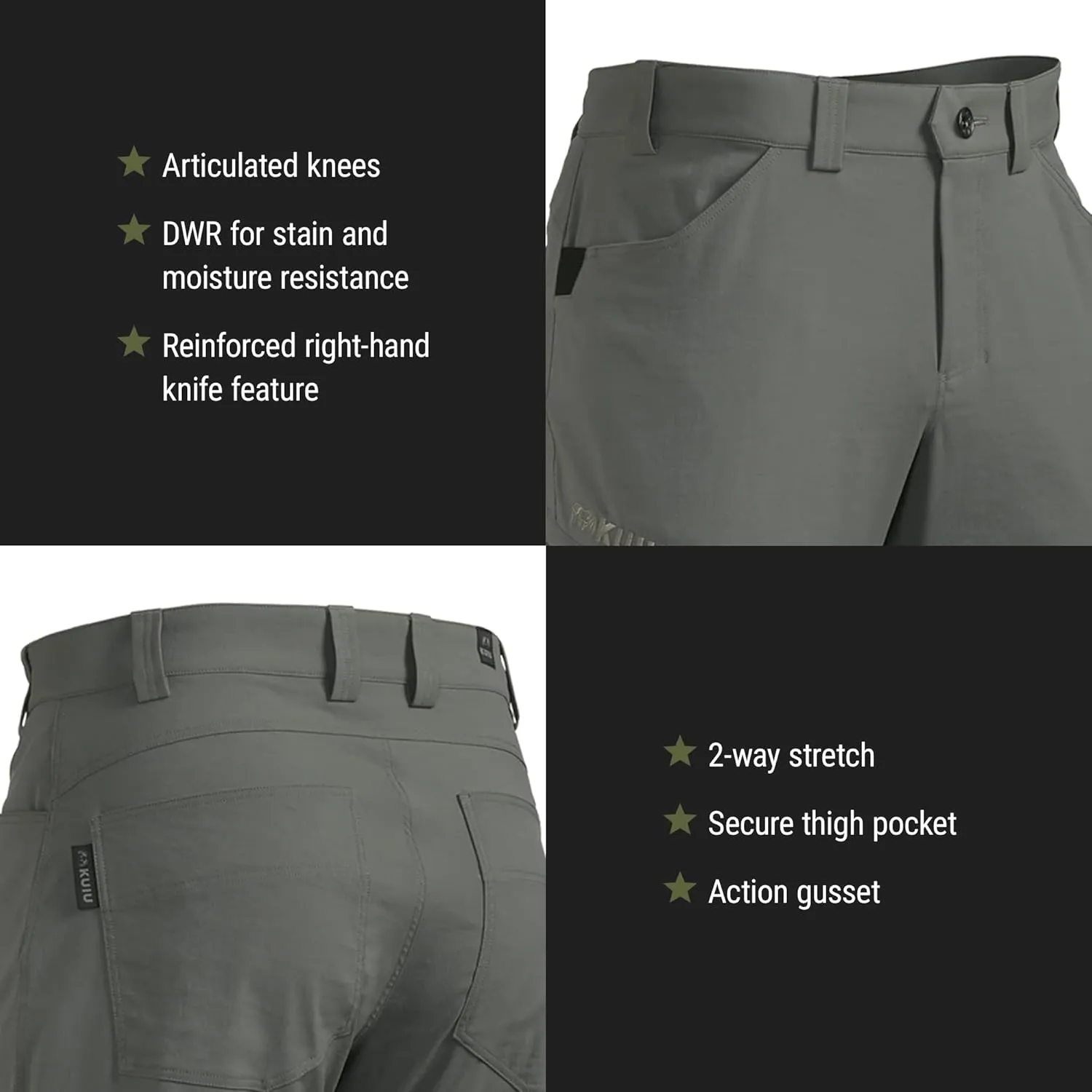 KUIU Switchback Pant - Water & Stain Resistant, 2-Way Stretch, Reinforced Knife Pocket, Durable & Versatile for Hiking