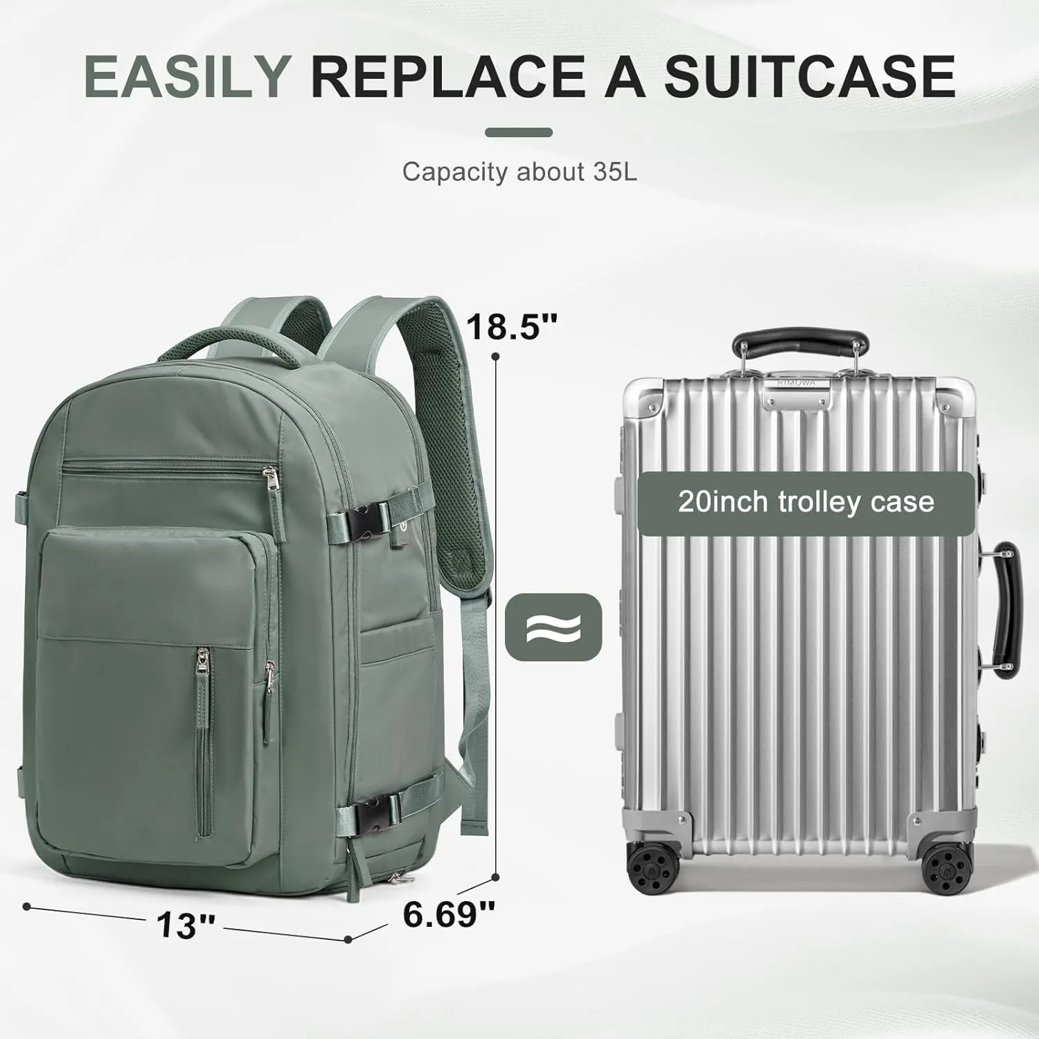 Large Travel Backpack for Women Mens 17 Inch Laptop Backpack, Waterproof Backpack Carry On Flight Approved with Shoe Compartment and USB Charging Port for Traveling, Hiking, Work, Green