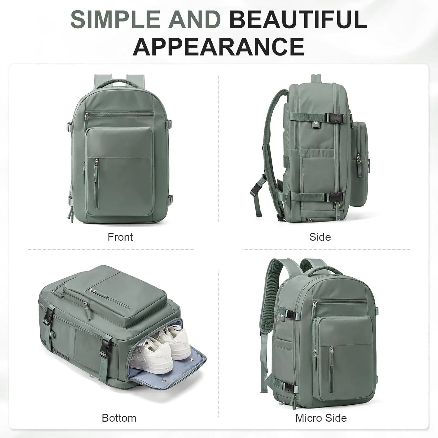 Large Travel Backpack for Women Mens 17 Inch Laptop Backpack, Waterproof Backpack Carry On Flight Approved with Shoe Compartment and USB Charging Port for Traveling, Hiking, Work, Green
