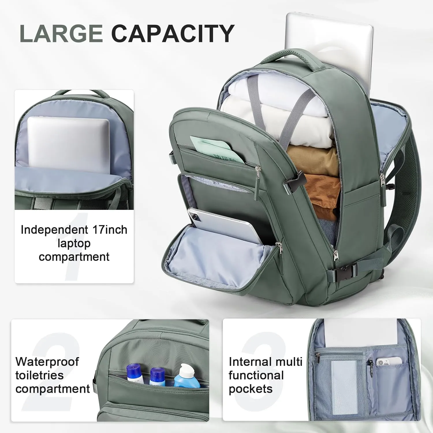 Large Travel Backpack for Women Mens 17 Inch Laptop Backpack, Waterproof Backpack Carry On Flight Approved with Shoe Compartment and USB Charging Port for Traveling, Hiking, Work, Green