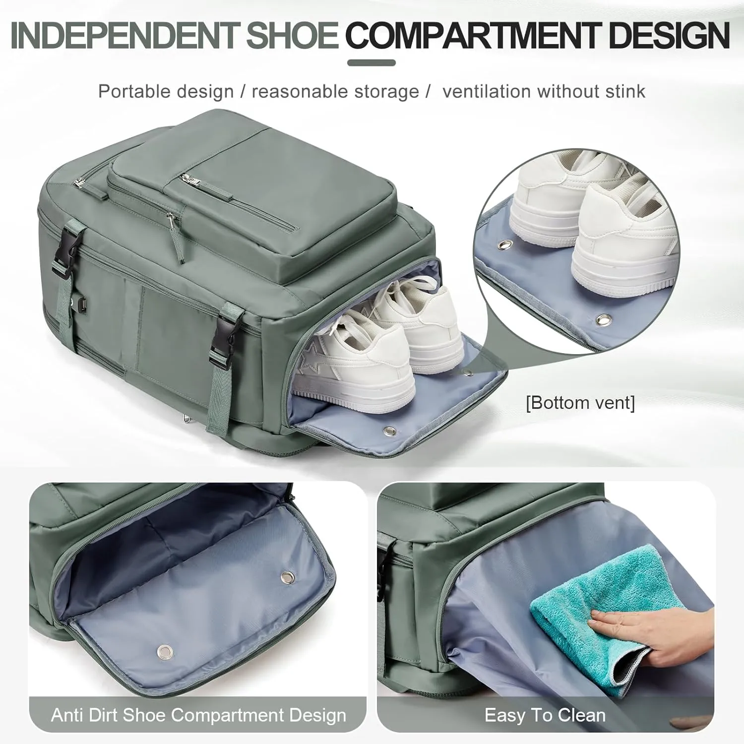 Large Travel Backpack for Women Mens 17 Inch Laptop Backpack, Waterproof Backpack Carry On Flight Approved with Shoe Compartment and USB Charging Port for Traveling, Hiking, Work, Green