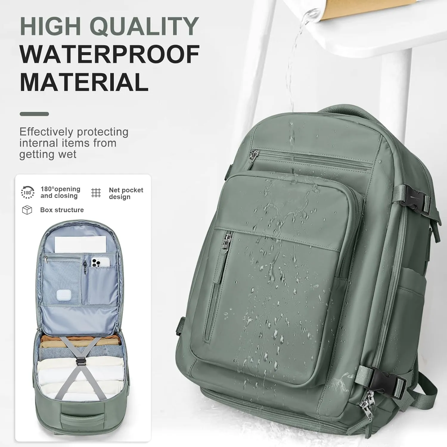 Large Travel Backpack for Women Mens 17 Inch Laptop Backpack, Waterproof Backpack Carry On Flight Approved with Shoe Compartment and USB Charging Port for Traveling, Hiking, Work, Green