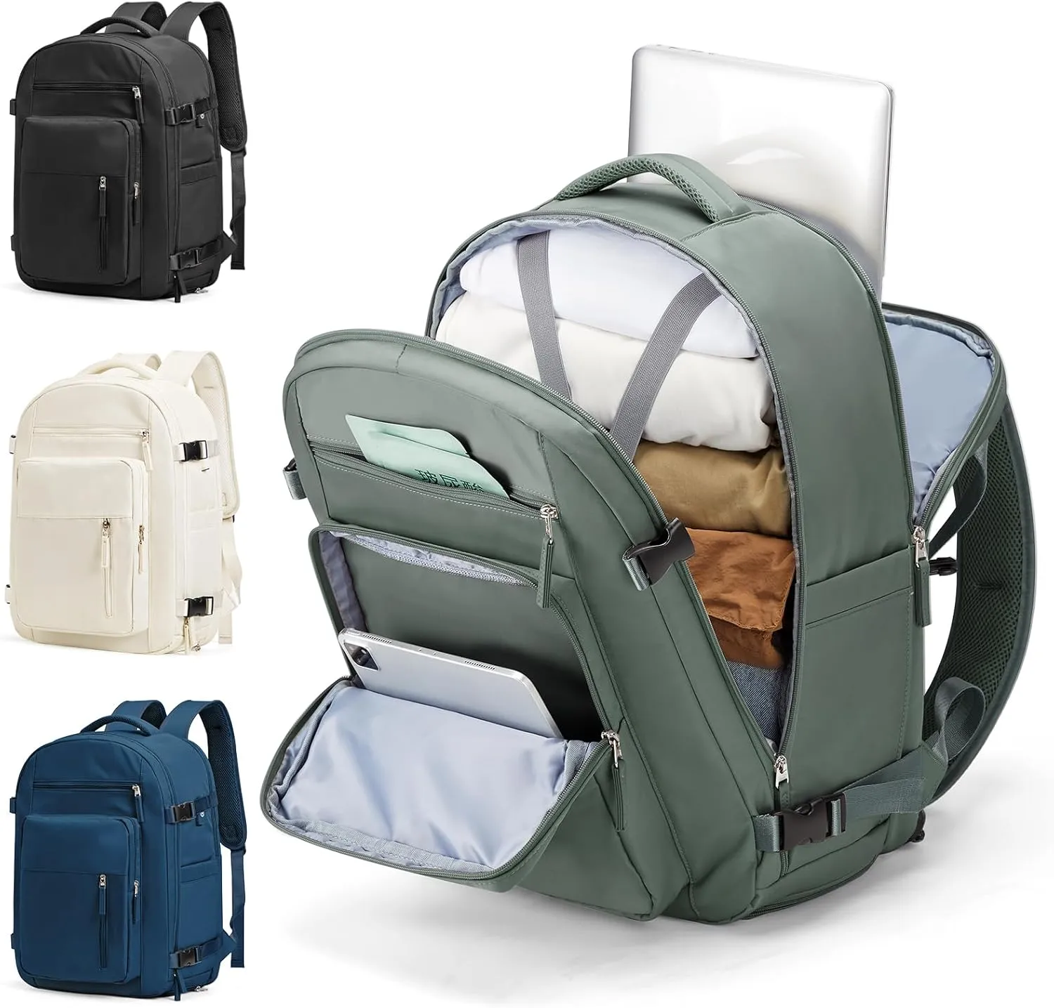 Large Travel Backpack for Women Mens 17 Inch Laptop Backpack, Waterproof Backpack Carry On Flight Approved with Shoe Compartment and USB Charging Port for Traveling, Hiking, Work, Green