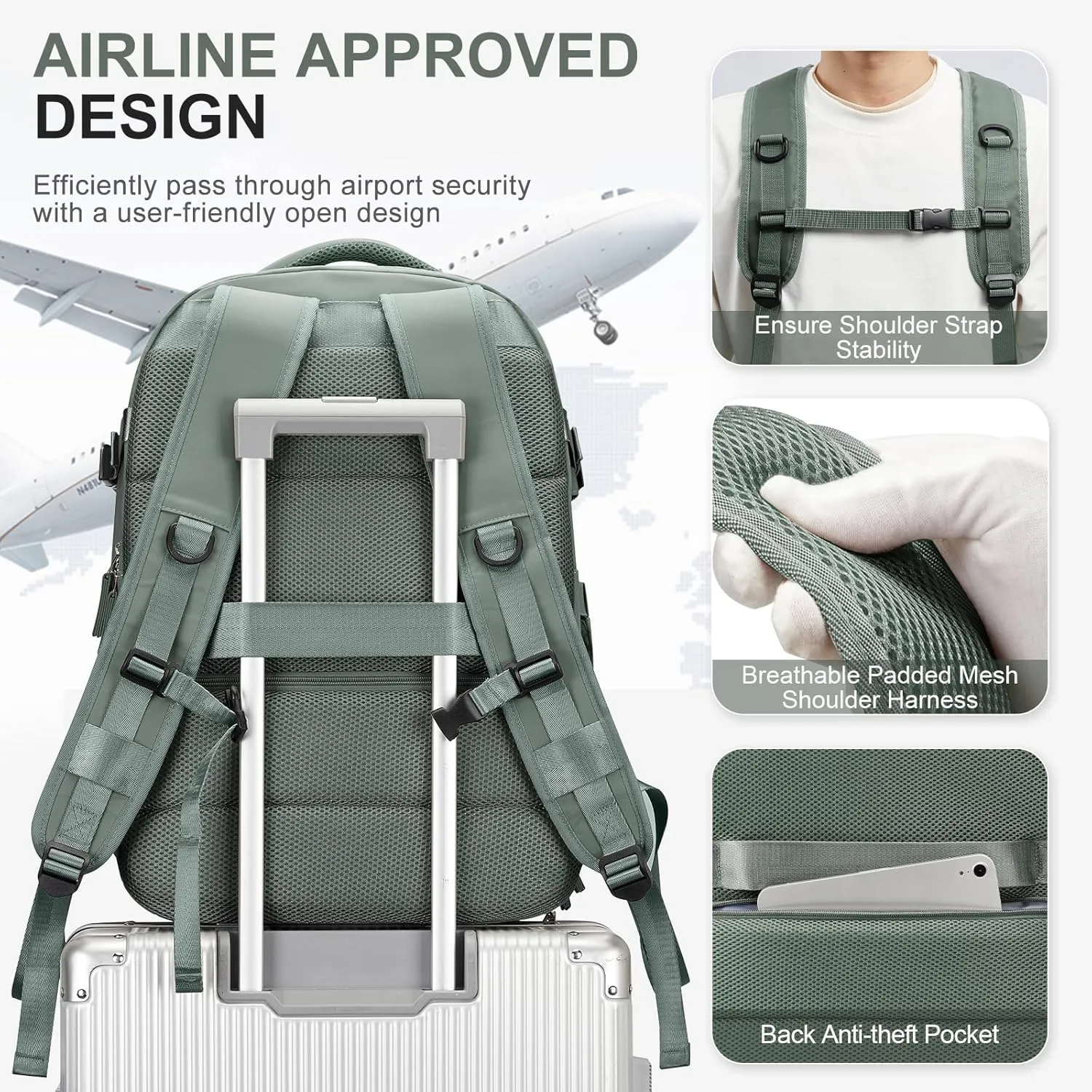 Large Travel Backpack for Women Mens 17 Inch Laptop Backpack, Waterproof Backpack Carry On Flight Approved with Shoe Compartment and USB Charging Port for Traveling, Hiking, Work, Green