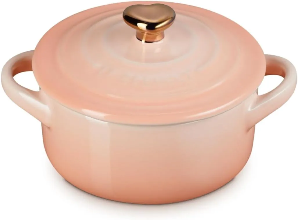 Le Creuset Stoneware Mini Round Cocotte, 8oz., Peche with Gold Heart Knob