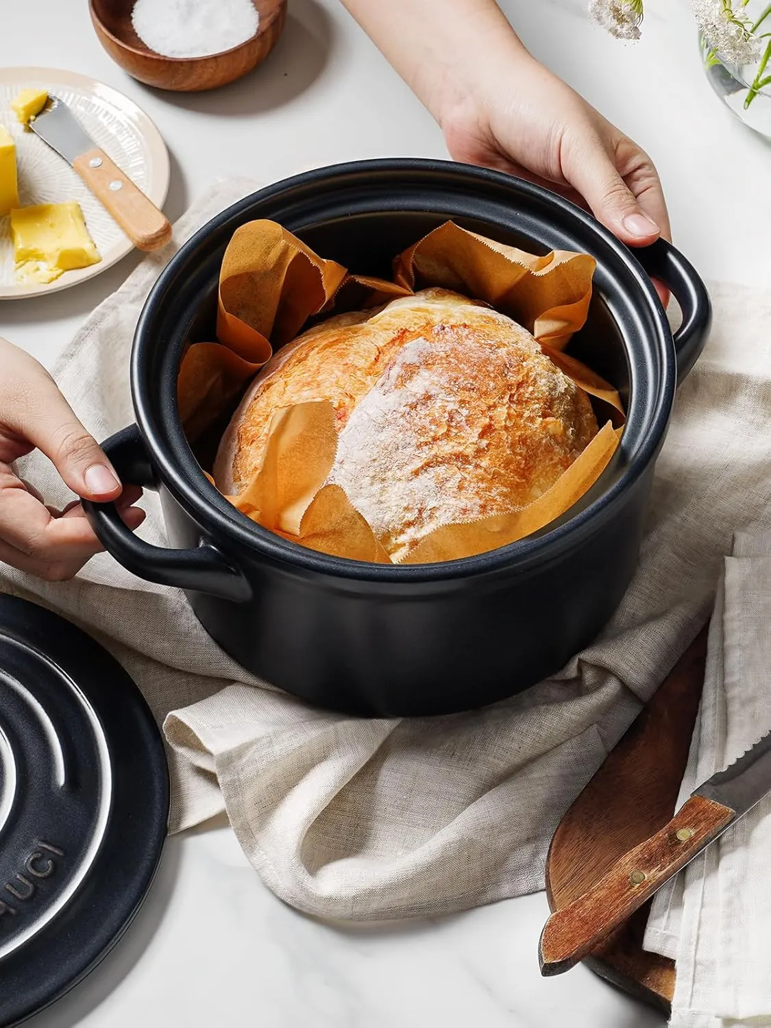 LE TAUCI 3 Quart Ceramic Dutch Oven for Bread Baking, Pot With Lid for Sourdough, Non-Coated and Non-Toxic Oven Pan, Use as Soup and Stew Pot, Midnight Blue