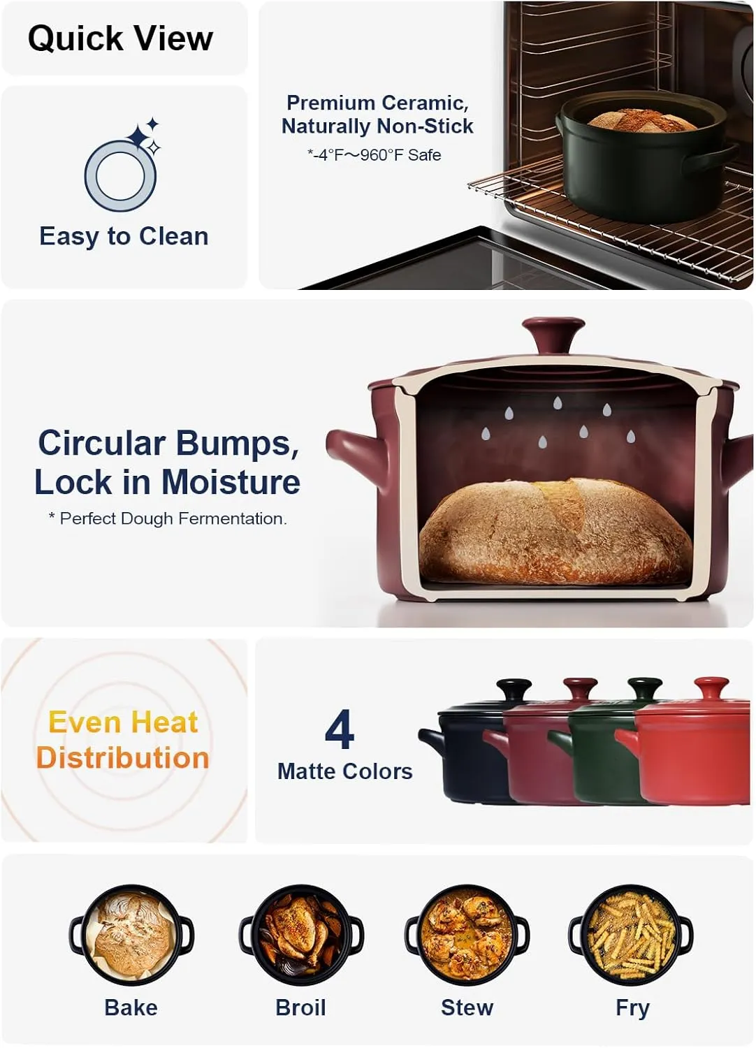 LE TAUCI 3 Quart Ceramic Dutch Oven for Bread Baking, Pot With Lid for Sourdough, Non-Coated and Non-Toxic Oven Pan, Use as Soup and Stew Pot, Midnight Blue