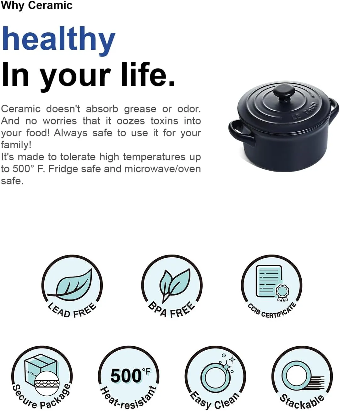 LE TAUCI 3 Quart Ceramic Dutch Oven for Bread Baking, Pot With Lid for Sourdough, Non-Coated and Non-Toxic Oven Pan, Use as Soup and Stew Pot, Midnight Blue