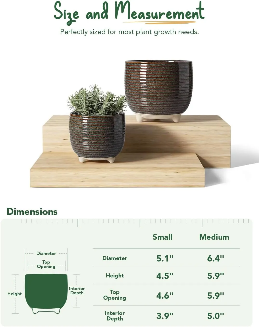 LE TAUCI Ceramic Plant Pots, 5.1   6.4 Inch Footed Pots for Plants, Modern Flower Pots for Home and Office, Indoor Planters with Drainage, Reactive Glaze Black