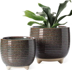 LE TAUCI Ceramic Plant Pots, 5.1   6.4 Inch Footed Pots for Plants, Modern Flower Pots for Home and Office, Indoor Planters with Drainage, Reactive Glaze Black