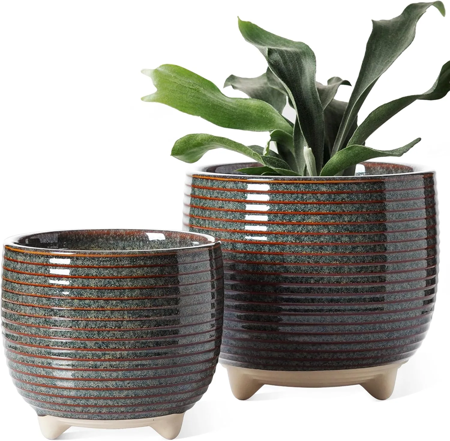 LE TAUCI Ceramic Plant Pots, 5.1   6.4 Inch Footed Pots for Plants, Modern Flower Pots for Home and Office, Indoor Planters with Drainage, Reactive Glaze Black