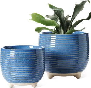 LE TAUCI Ceramic Plant Pots, 5.1   6.4 Inch Footed Pots for Plants, Modern Flower Pots for Home and Office, Indoor Planters with Drainage, Reactive Glaze Blue